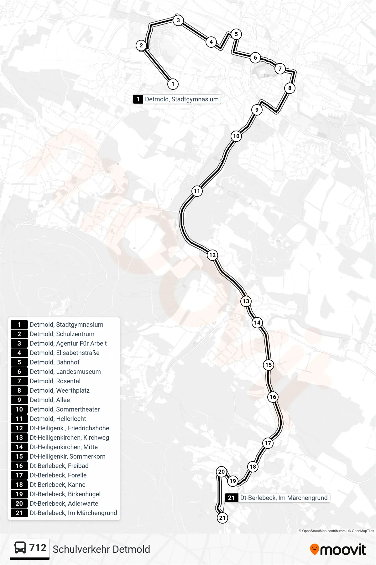 712 bus Line (Dt-Berlebeck, Im Märchengrund) route and stops on a map