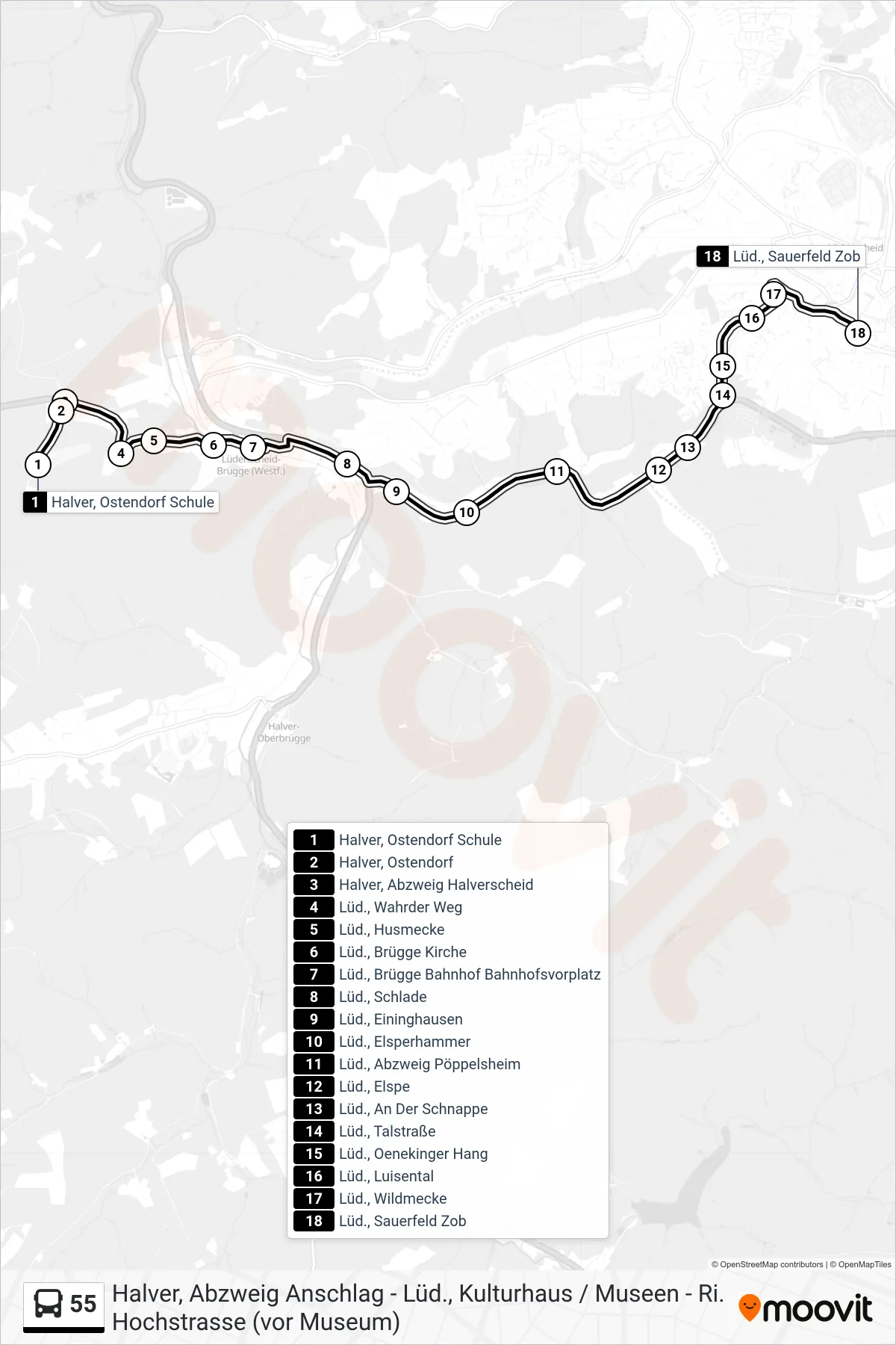 Linie 55 (Bus) Richtung Lüd., Sauerfeld Zob - Steig 2e: Route und Haltestellen auf der Karte