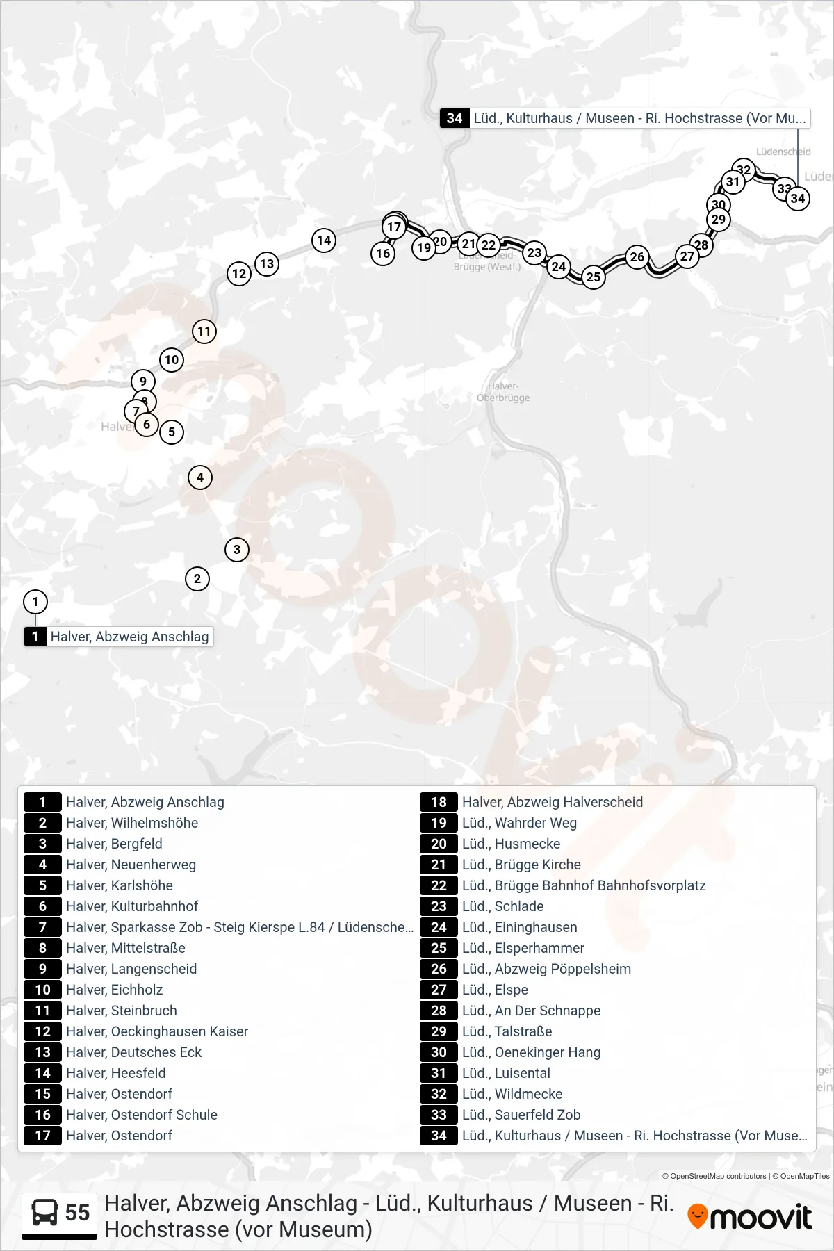 55 bus Line (Lüd., Kulturhaus / Museen - Ri. Hochstrasse (Vor Museum)) route and stops on a map
