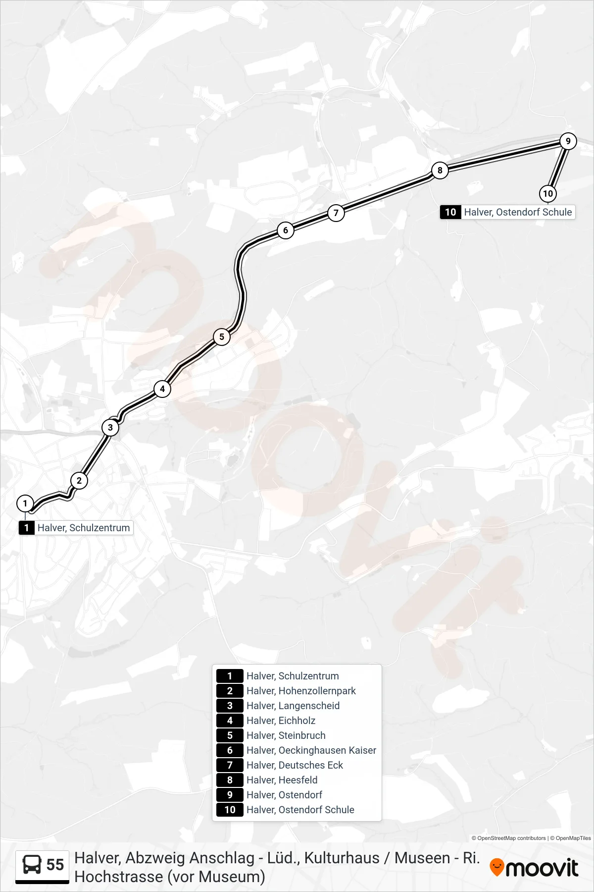 55 bus Line (Halver, Ostendorf Schule) route and stops on a map