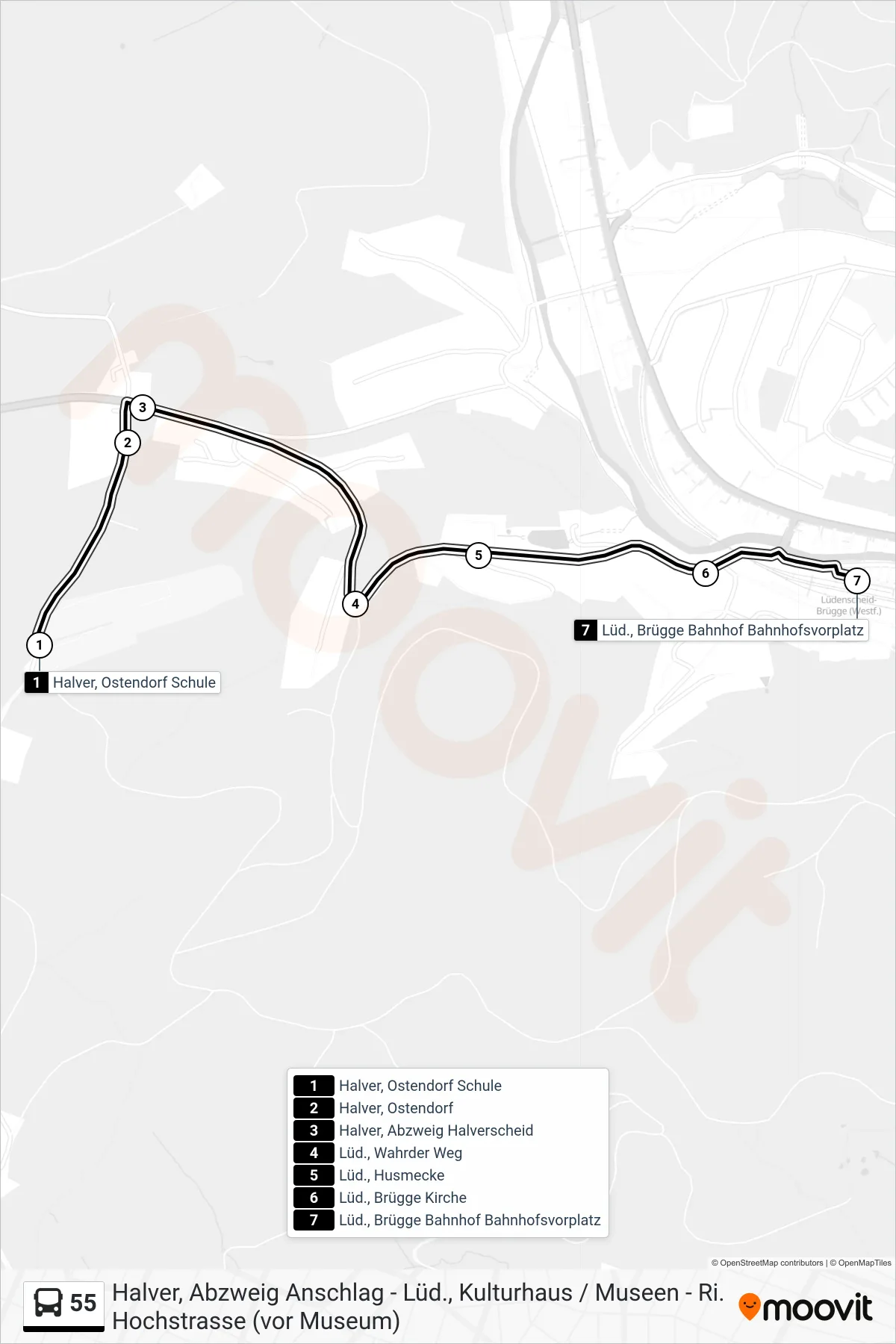 55 bus Line (Lüd., Brügge Bahnhof Bahnhofsvorplatz) route and stops on a map