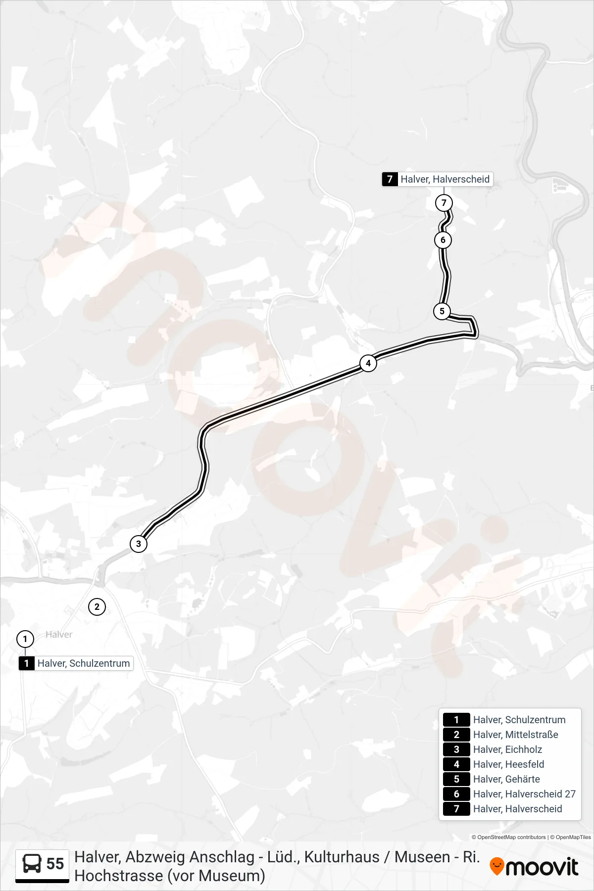 55 bus Line (Halver, Halverscheid) route and stops on a map