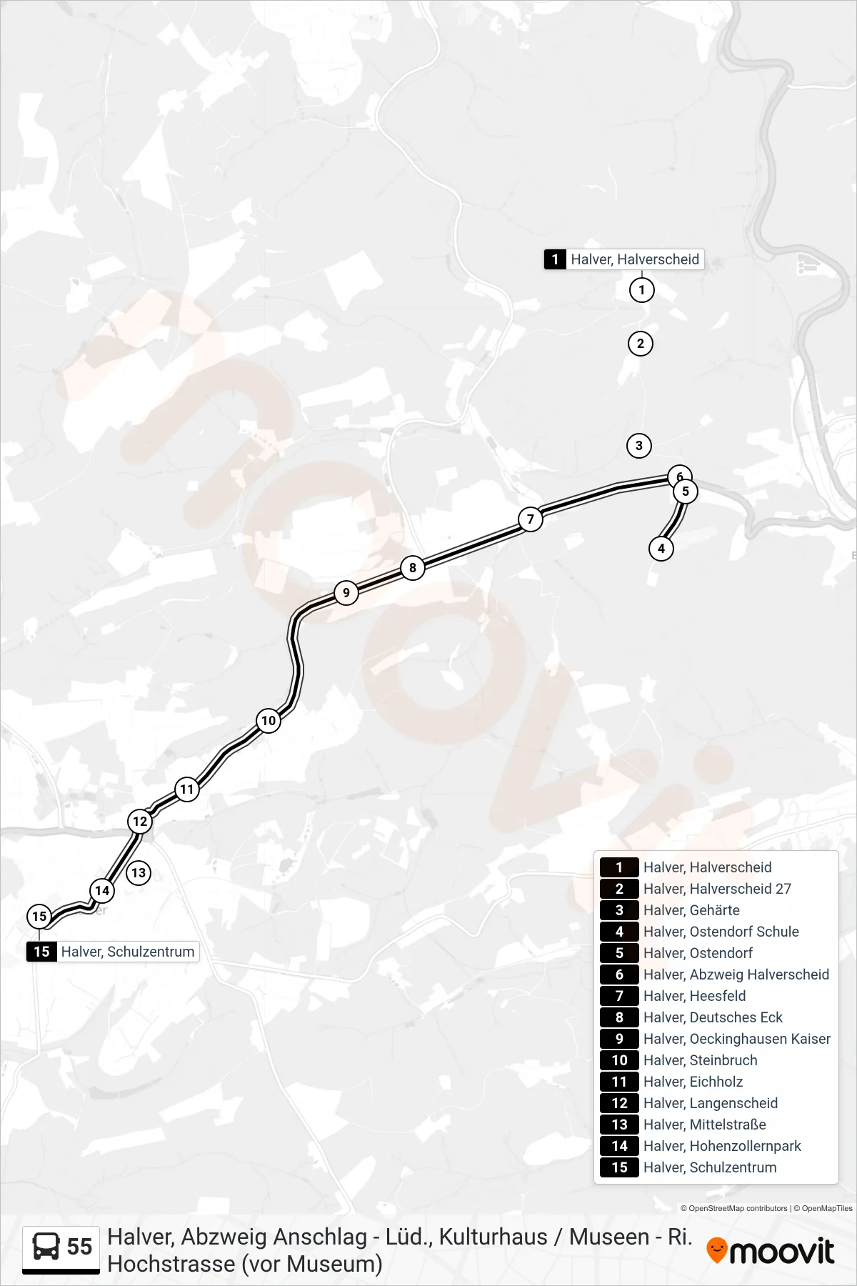 55 bus Line (Halver, Schulzentrum) route and stops on a map