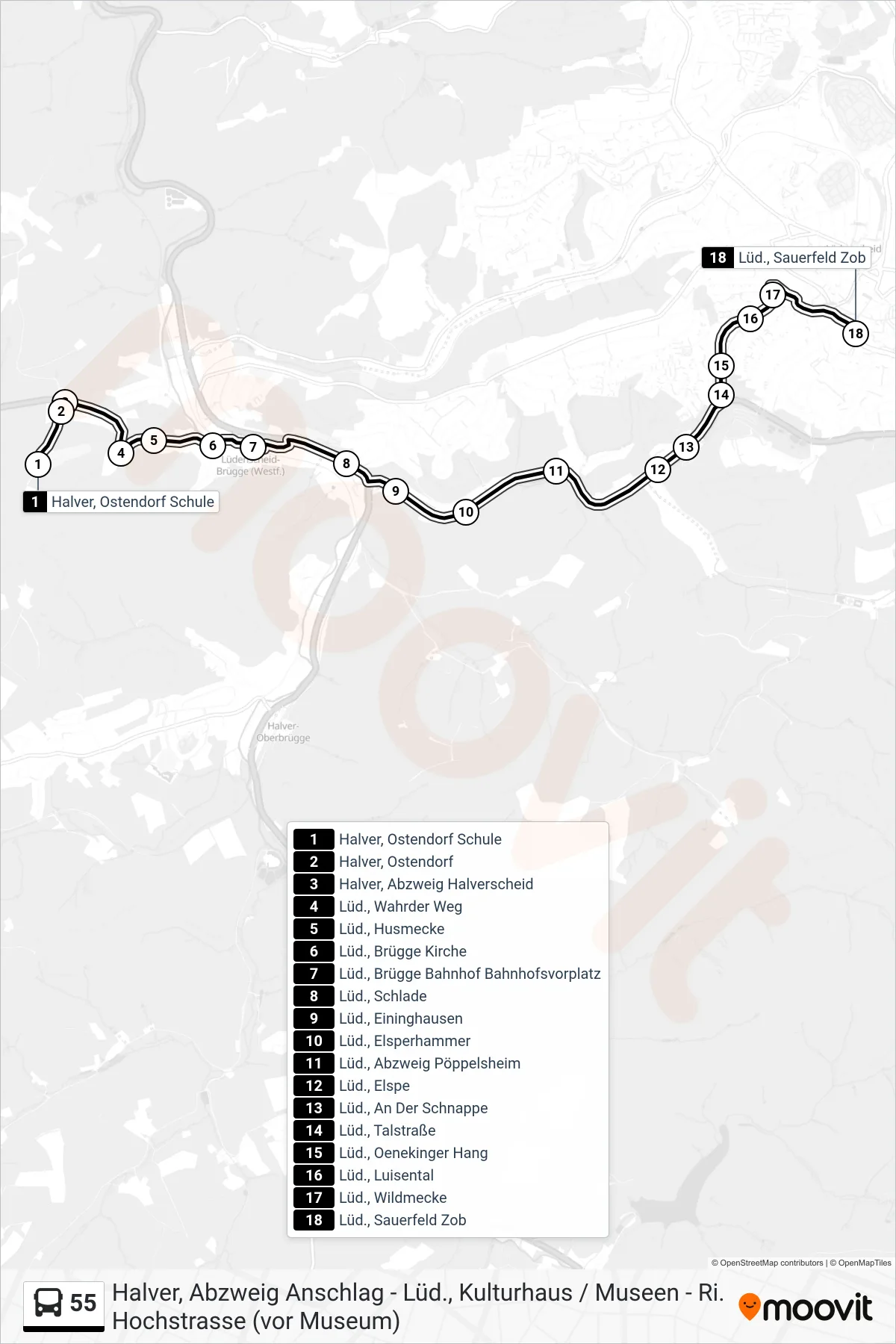 55 bus Line (Lüd., Sauerfeld Zob - Steig 2b) route and stops on a map