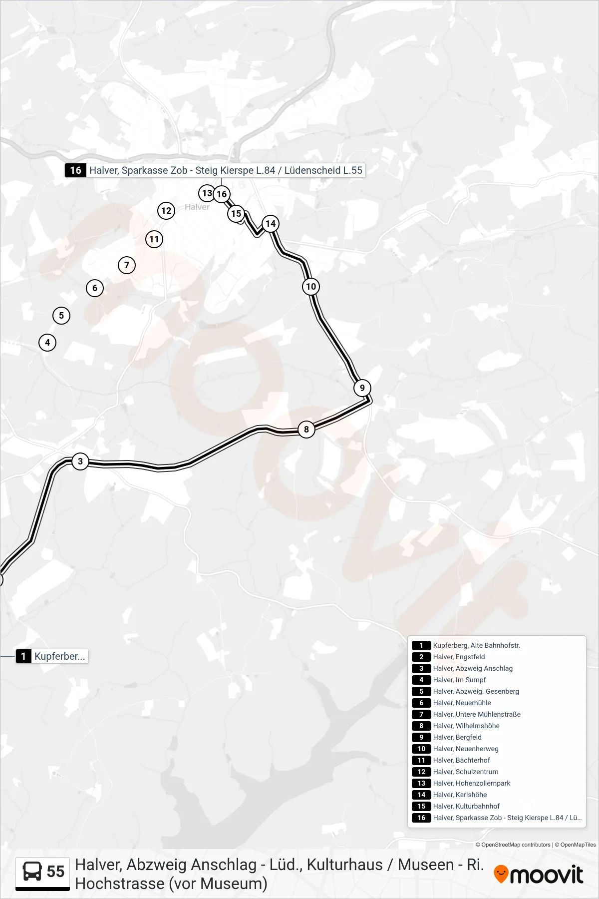 55 bus Line (Halver, Sparkasse Zob - Steig Kierspe L.84 / Lüdenscheid L.55) route and stops on a map