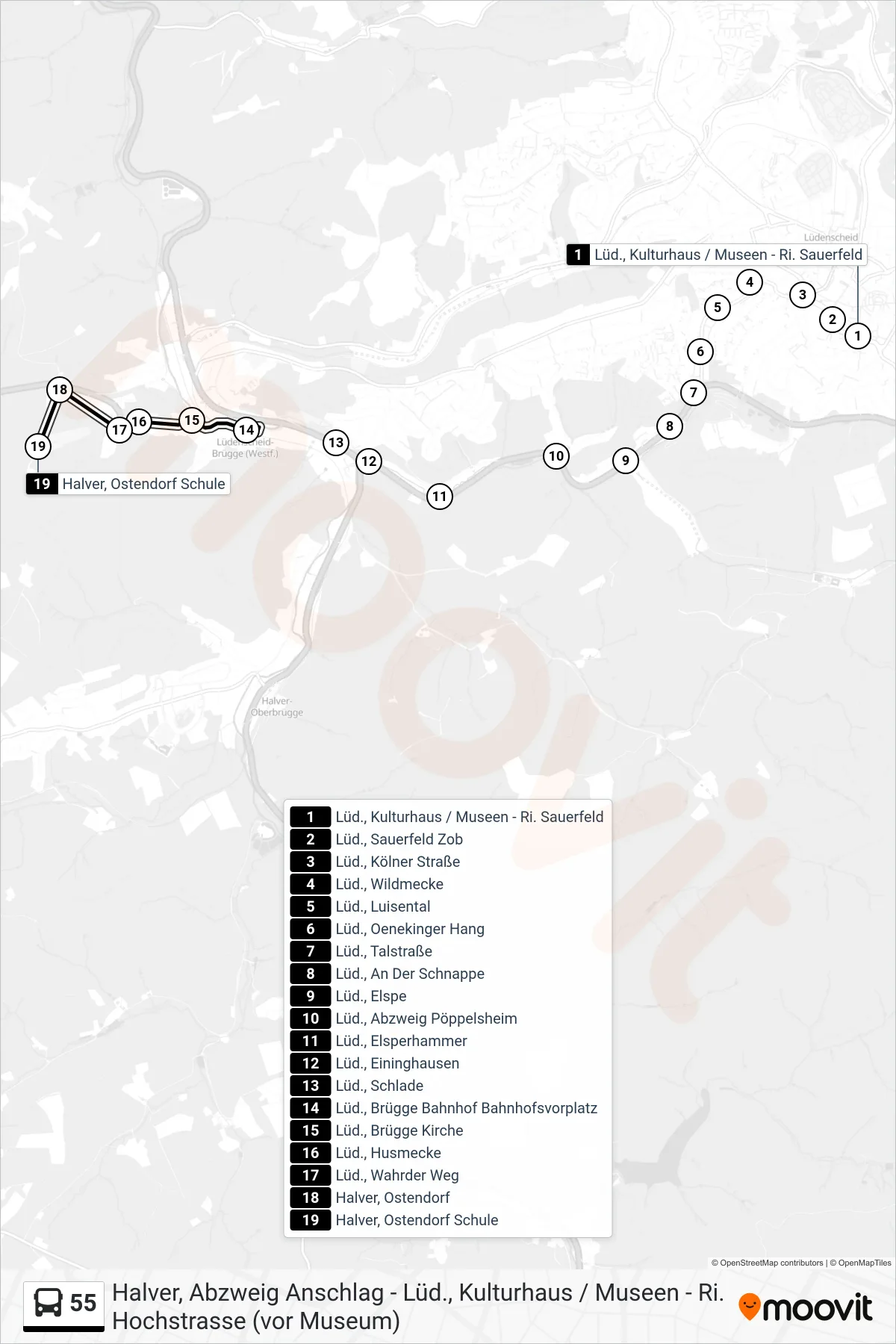55 bus Line (Halver, Ostendorf Schule) route and stops on a map