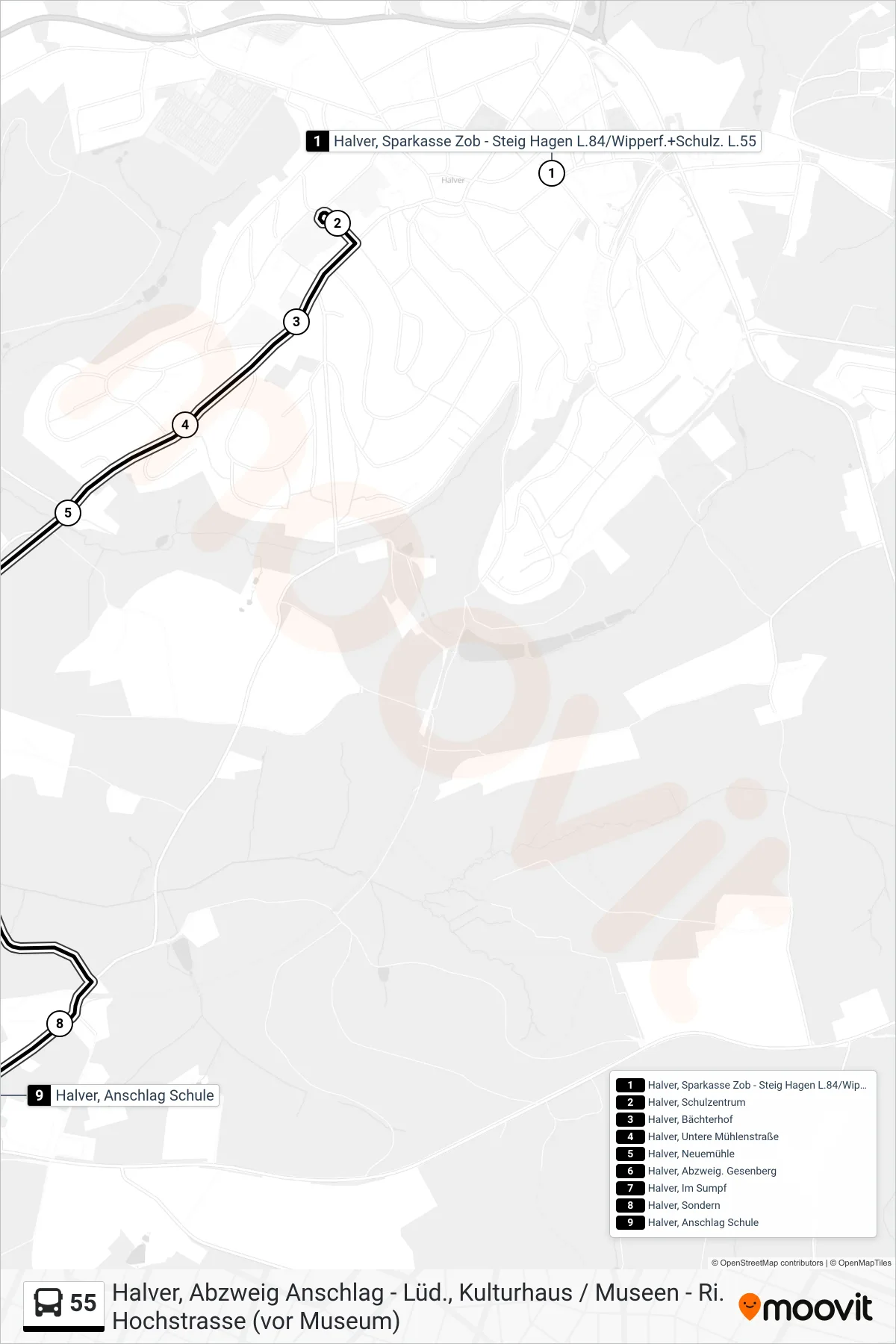 55 bus Line (Halver, Anschlag Schule) route and stops on a map