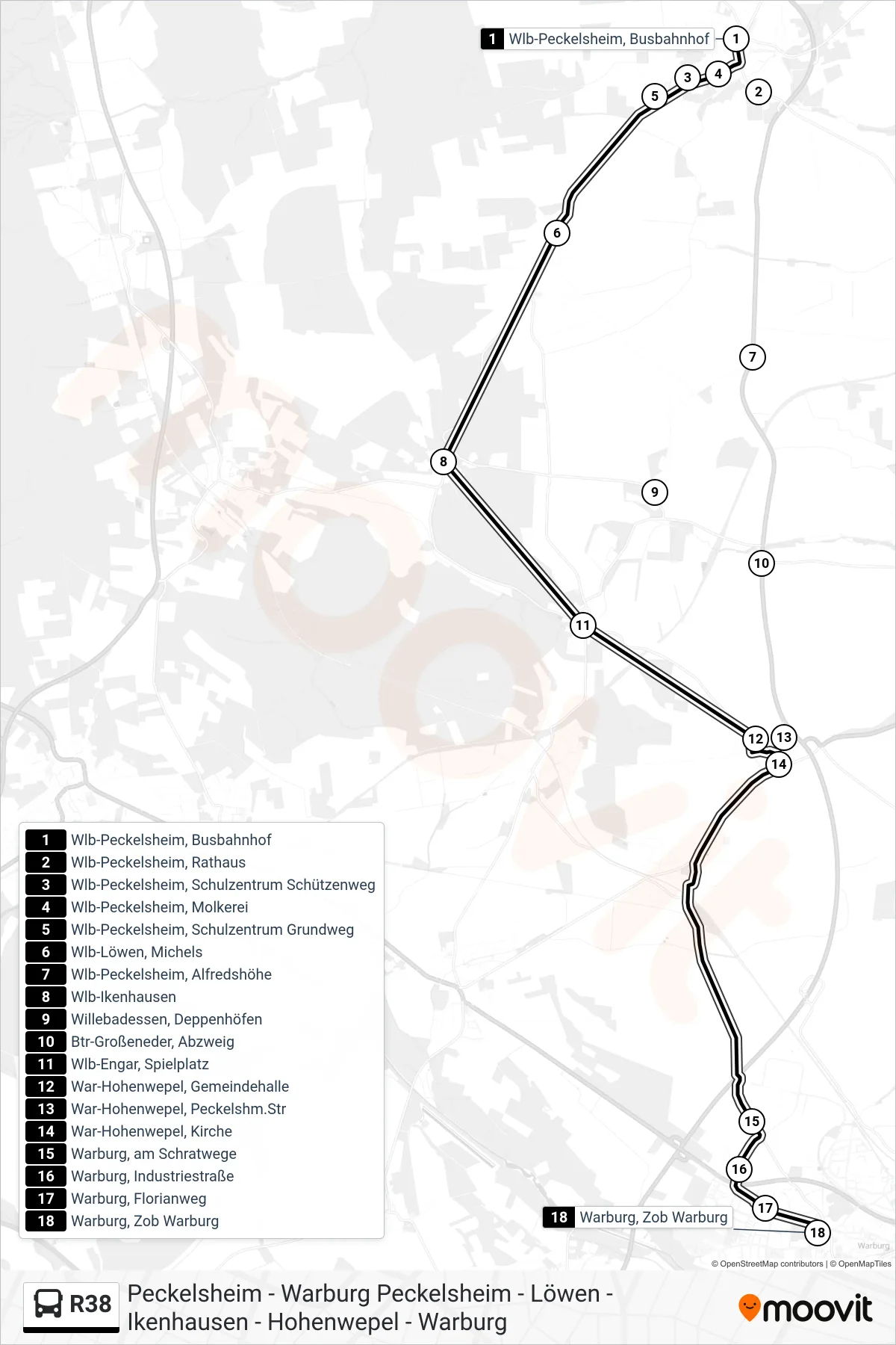 Linie R38 (Bus) Richtung Warburg, Zob Warburg Bstg 6: Route und Haltestellen auf der Karte