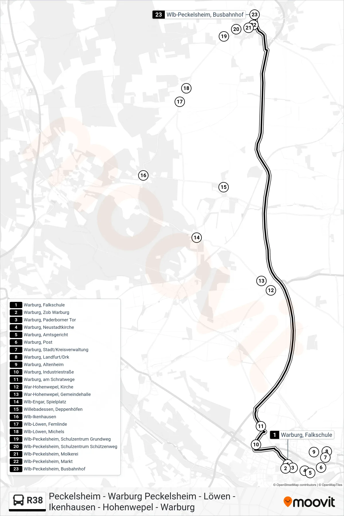 R38 bus Line (Wlb-Peckelsheim, Busbahnhof) route and stops on a map