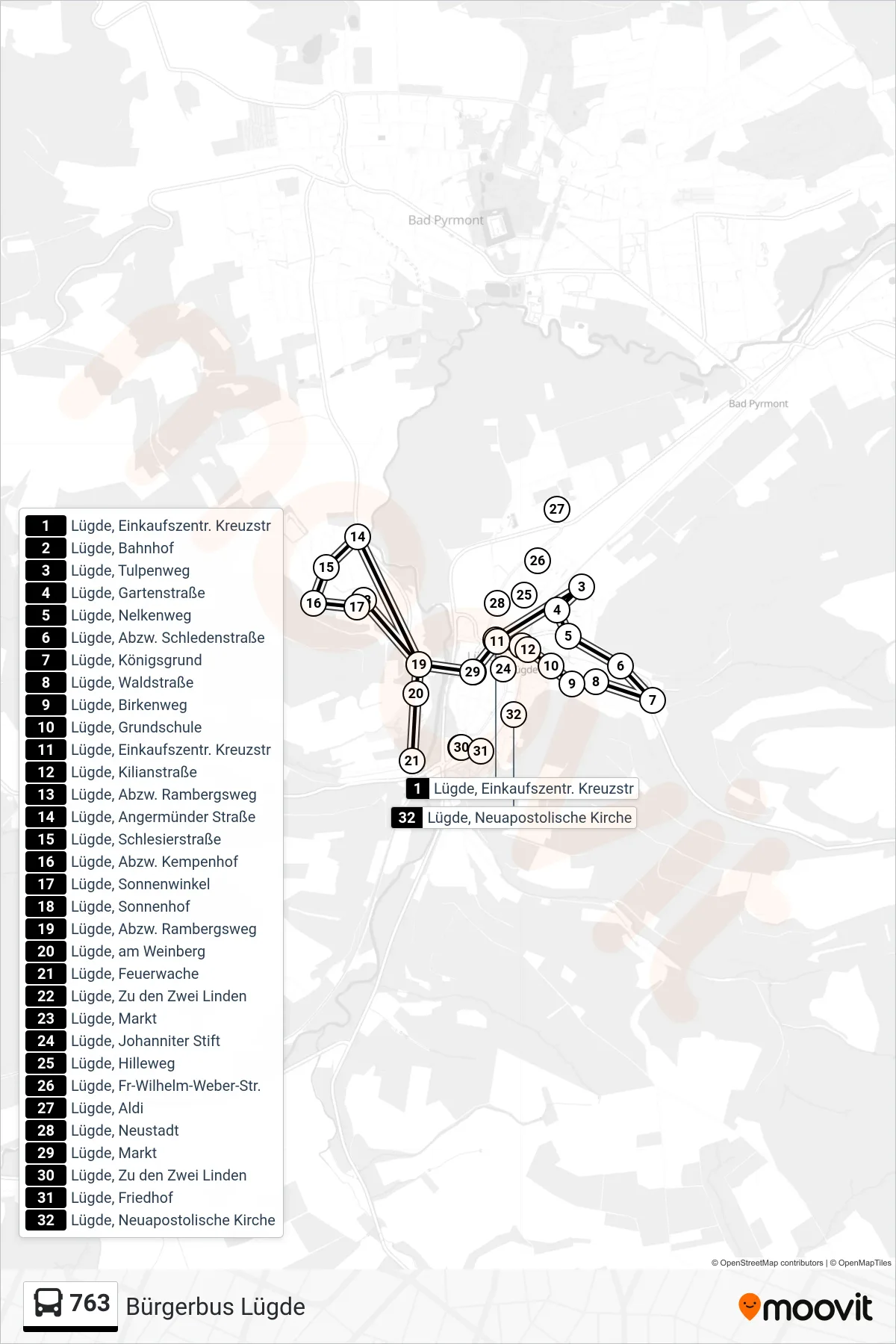 763 bus Line (Bürgerbus) route and stops on a map