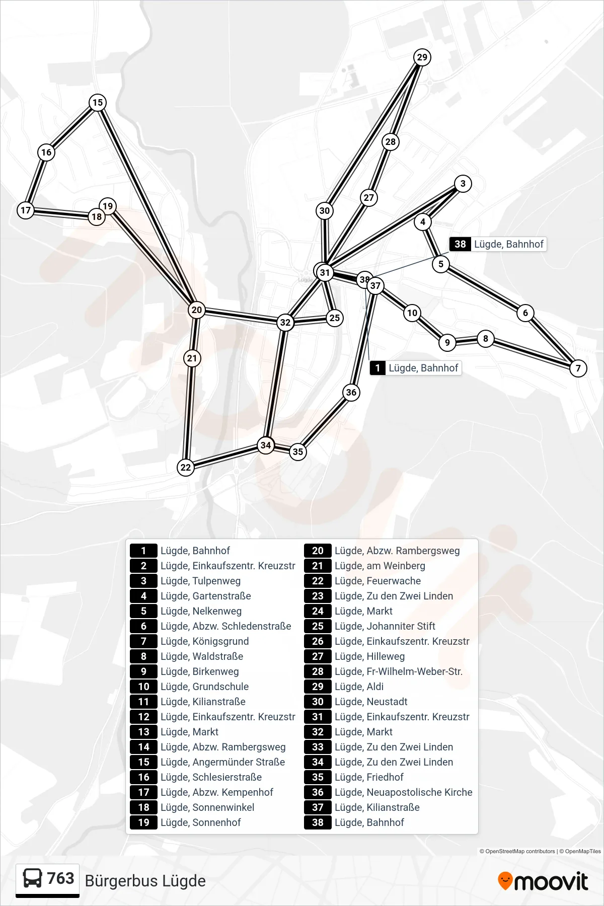 763 bus Line (Lügde, Bahnhof) route and stops on a map