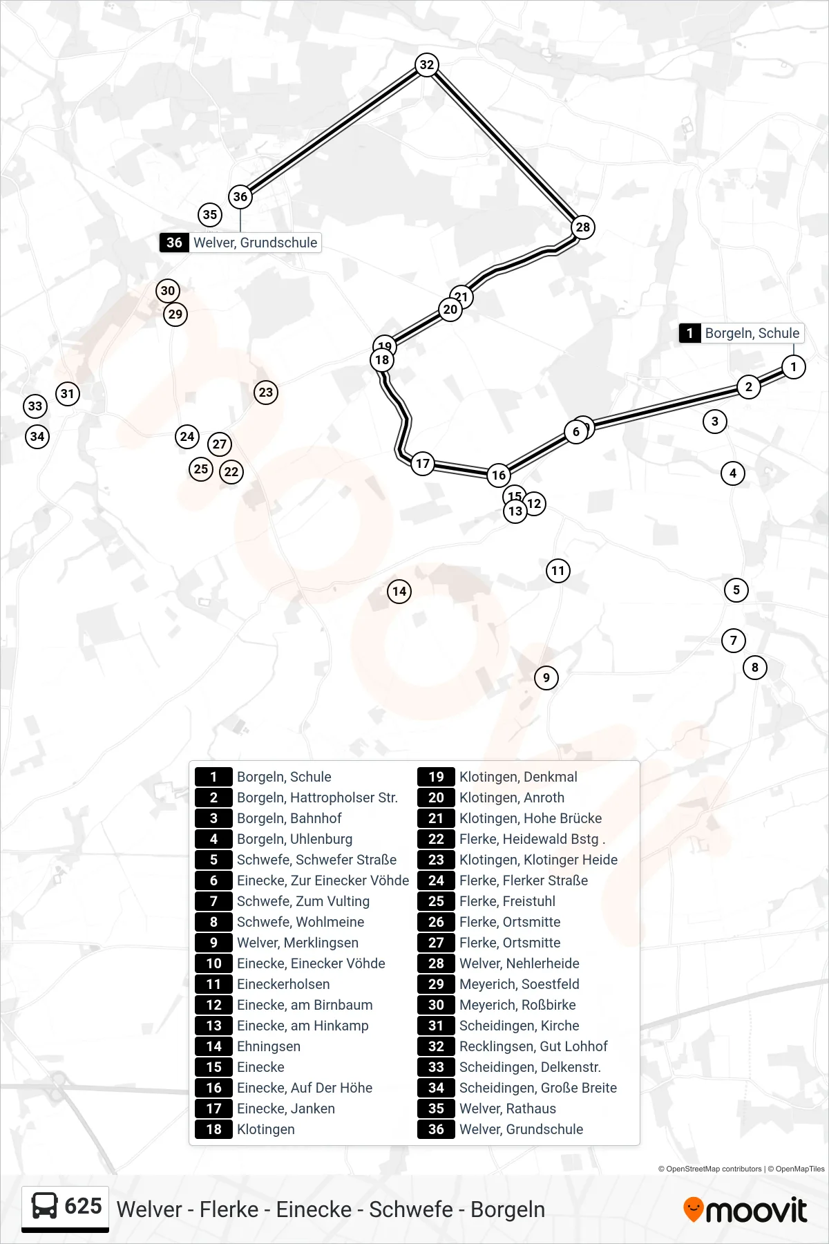 625 bus Line (Welver, Grundschule) route and stops on a map
