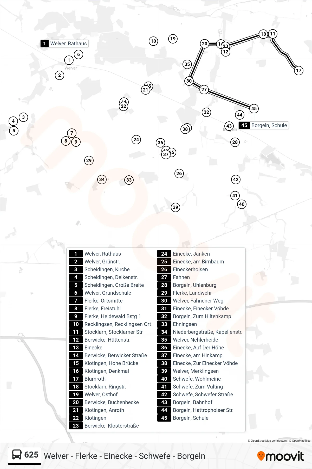 625 bus Line (Borgeln, Schule) route and stops on a map