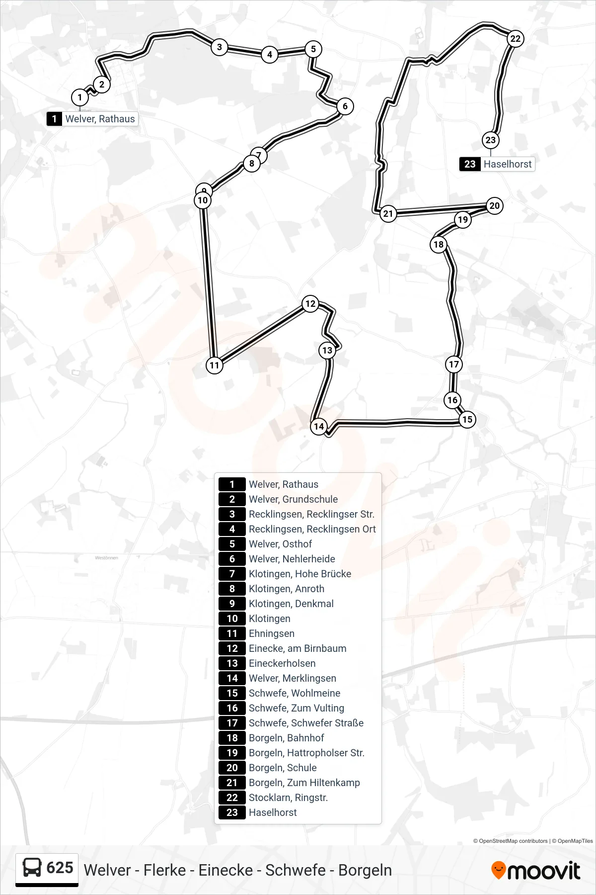 625 bus Line (Haselhorst) route and stops on a map