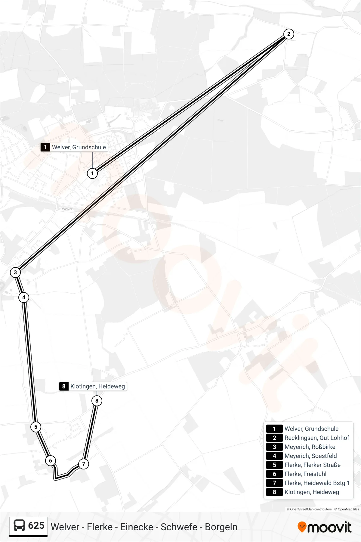 625 bus Line (Klotingen, Heideweg) route and stops on a map