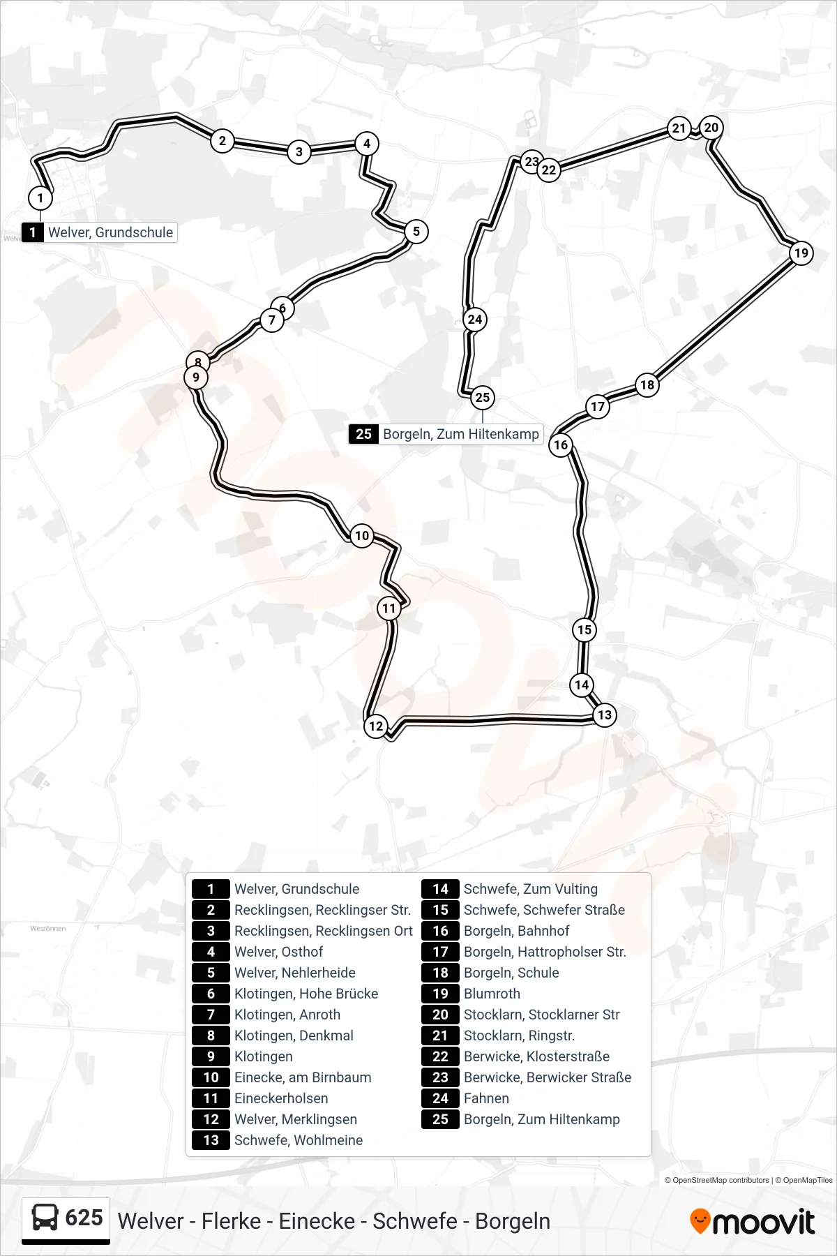 625 bus Line (Borgeln, Zum Hiltenkamp) route and stops on a map