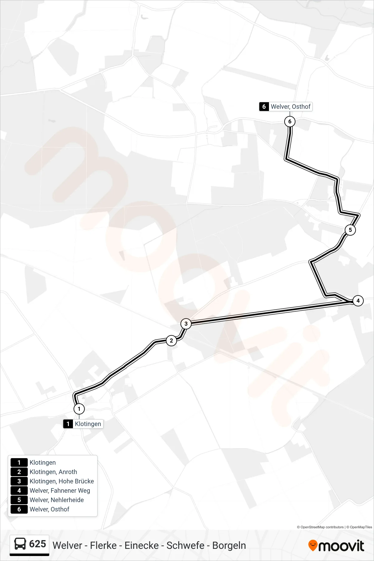 Linie 625 (Bus) Richtung Welver, Osthof: Route und Haltestellen auf der Karte