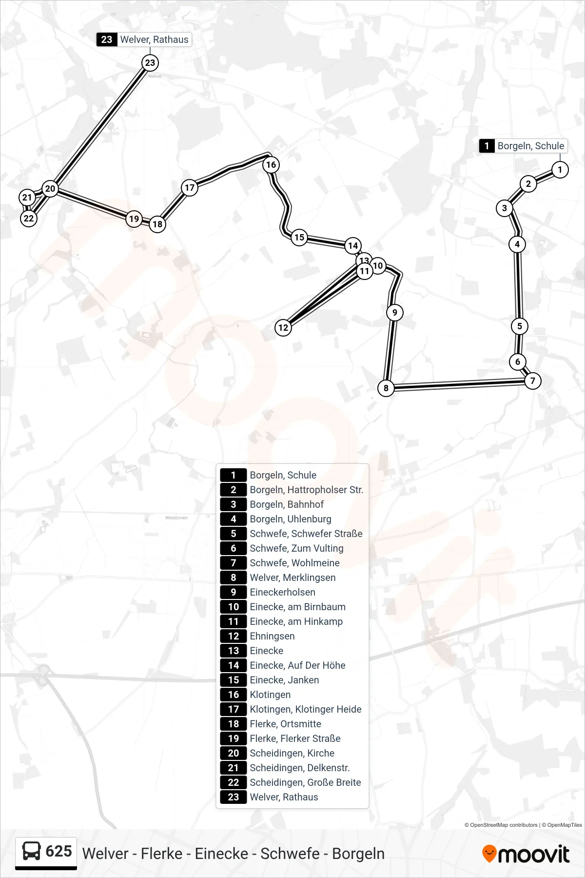 625 bus Line (Welver, Rathaus) route and stops on a map