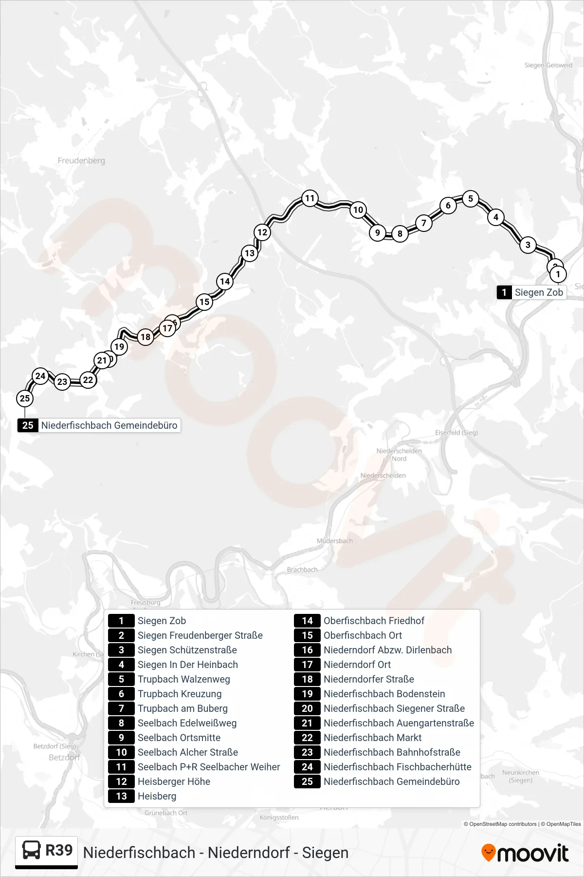 R39 bus Line (Niederfischbach Gemeindebüro) route and stops on a map