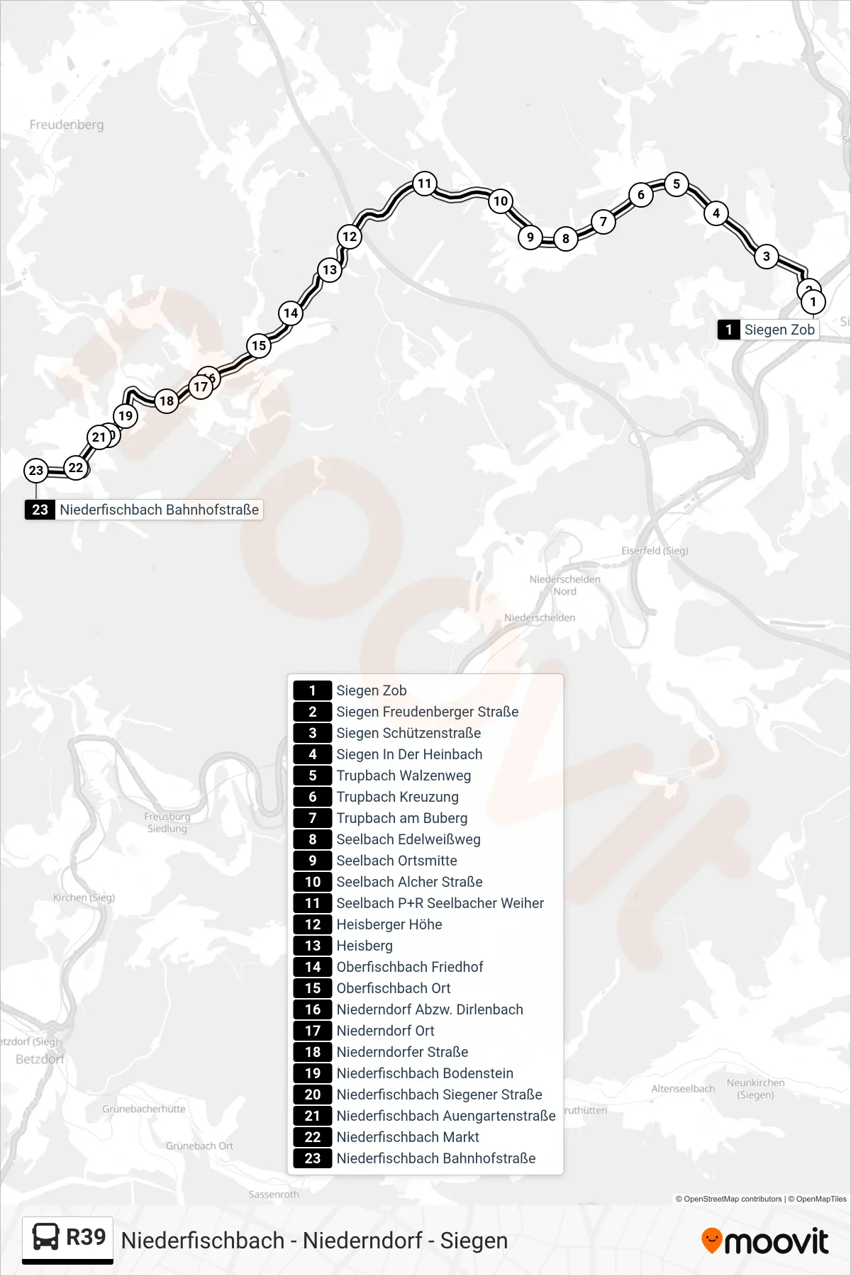 R39 bus Line (Niederfischbach Bahnhofstraße) route and stops on a map