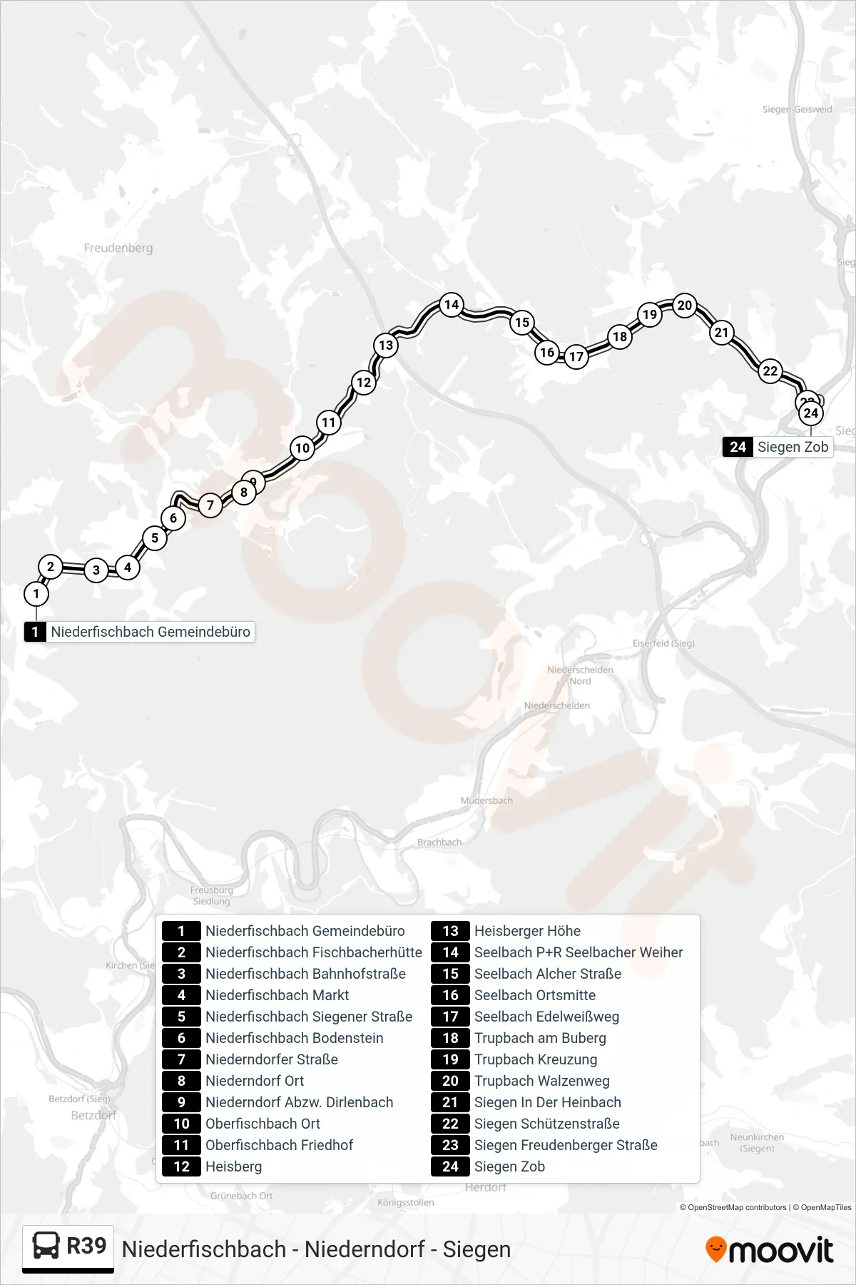 Linie R39 (Bus) Richtung Siegen Zob Bstg B: Route und Haltestellen auf der Karte