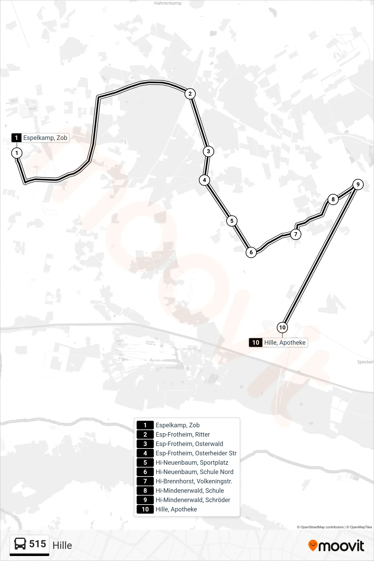 515 bus Line (Hille) route and stops on a map