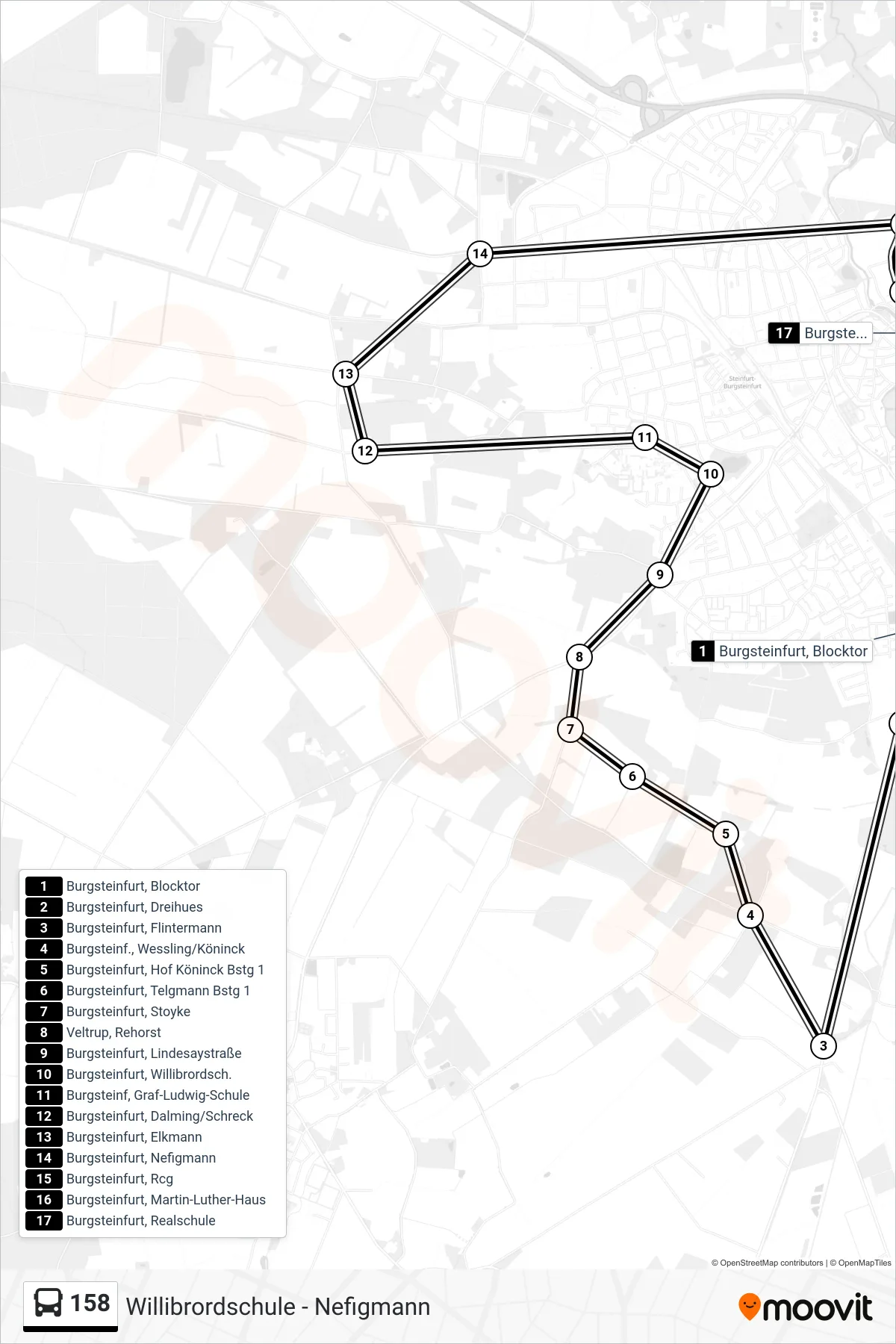 158 bus Line (Burgsteinfurt, Realschule) route and stops on a map