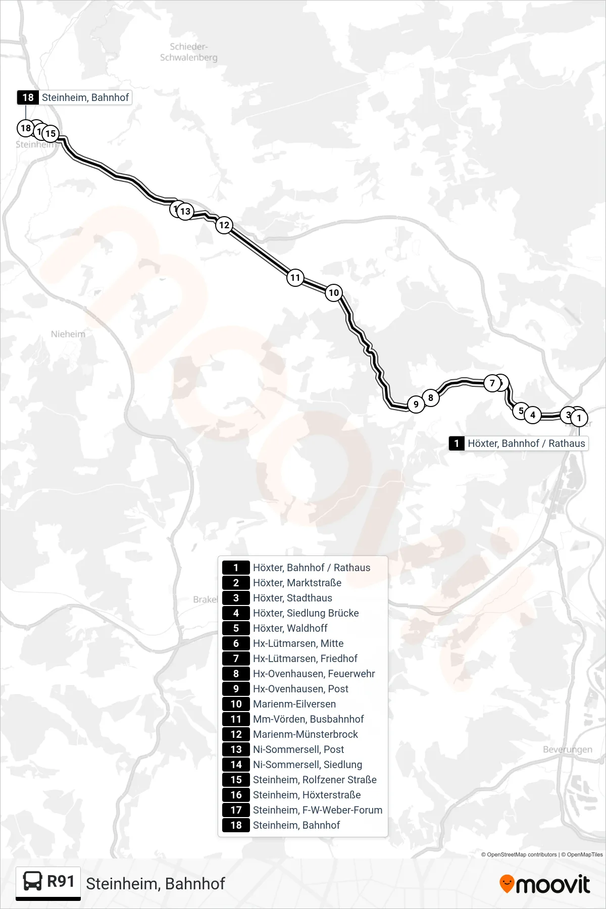 R91 bus Line (Steinheim, Bahnhof) route and stops on a map