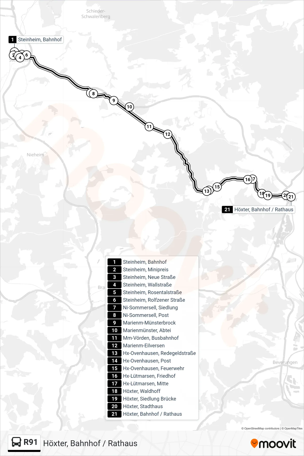 Linie R91 (Bus) Richtung Höxter, Bahnhof / Rathaus: Route und Haltestellen auf der Karte