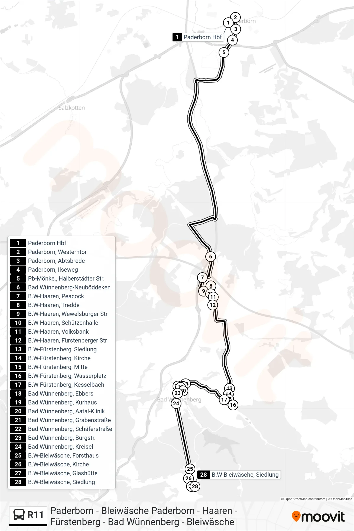R11 bus Line (B.W-Bleiwäsche, Siedlung) route and stops on a map