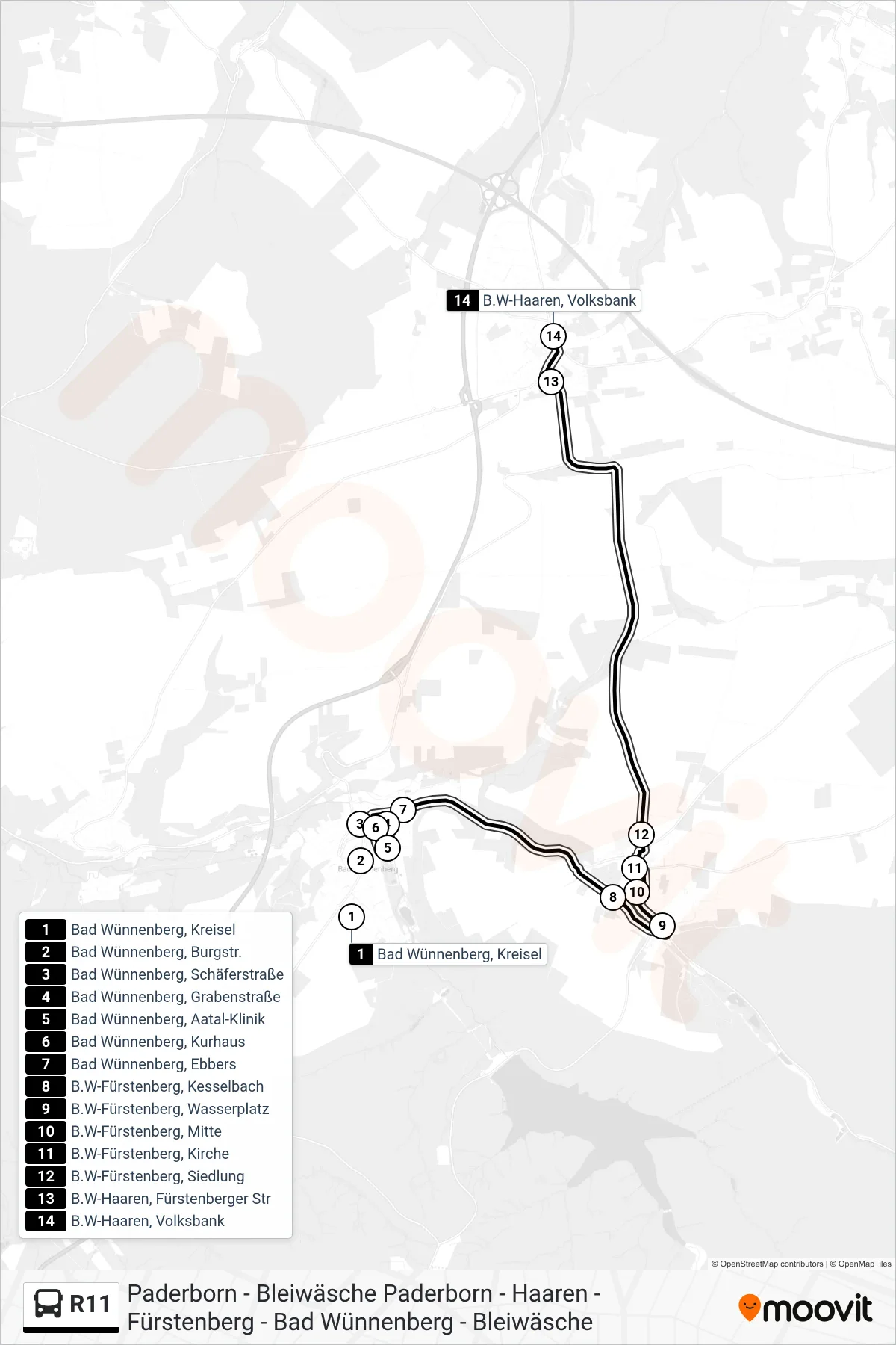 R11 bus Line (B.W-Haaren, Volksbank) route and stops on a map