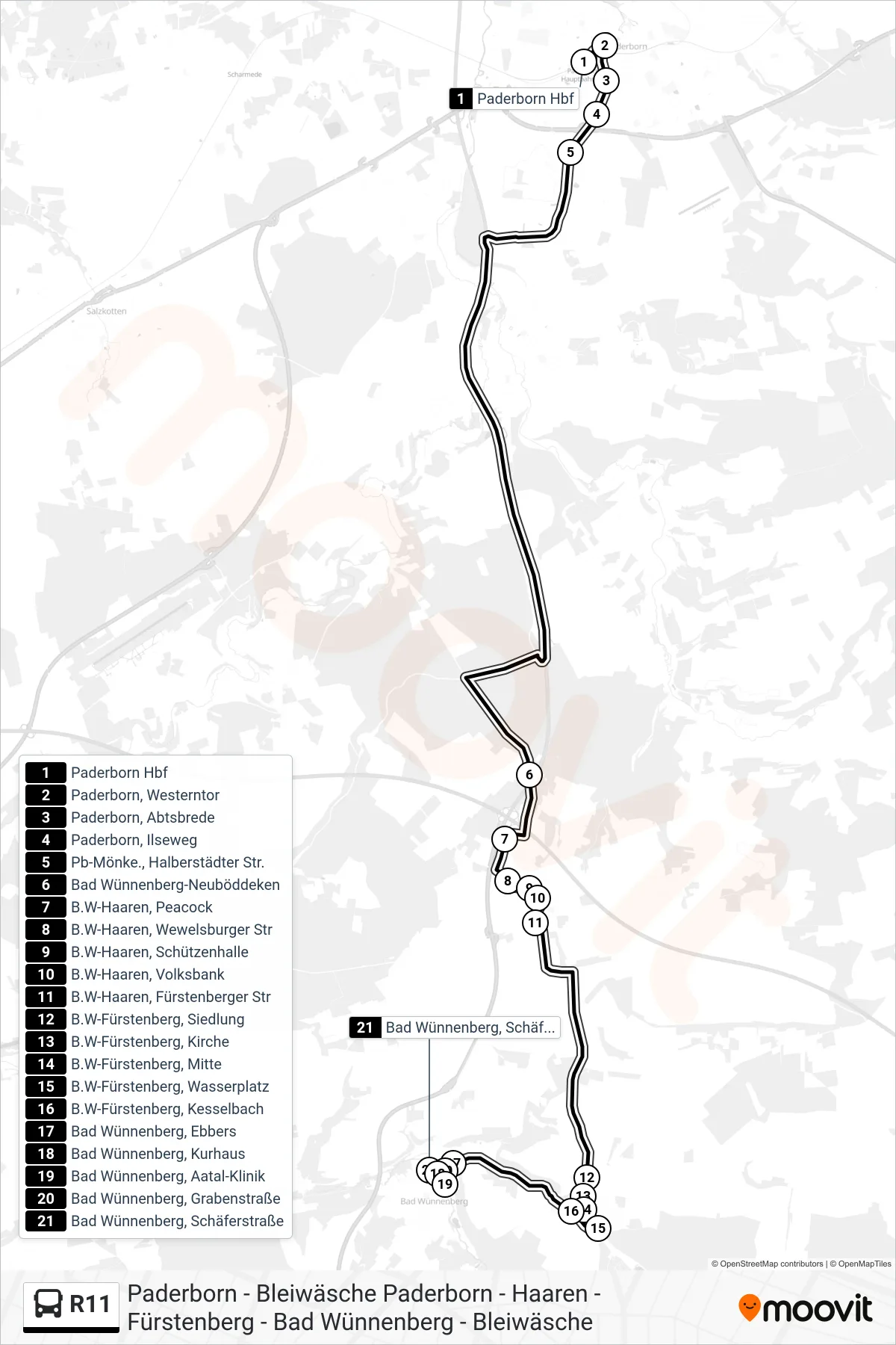 R11 bus Line (Bad Wünnenberg, Schäferstraße) route and stops on a map