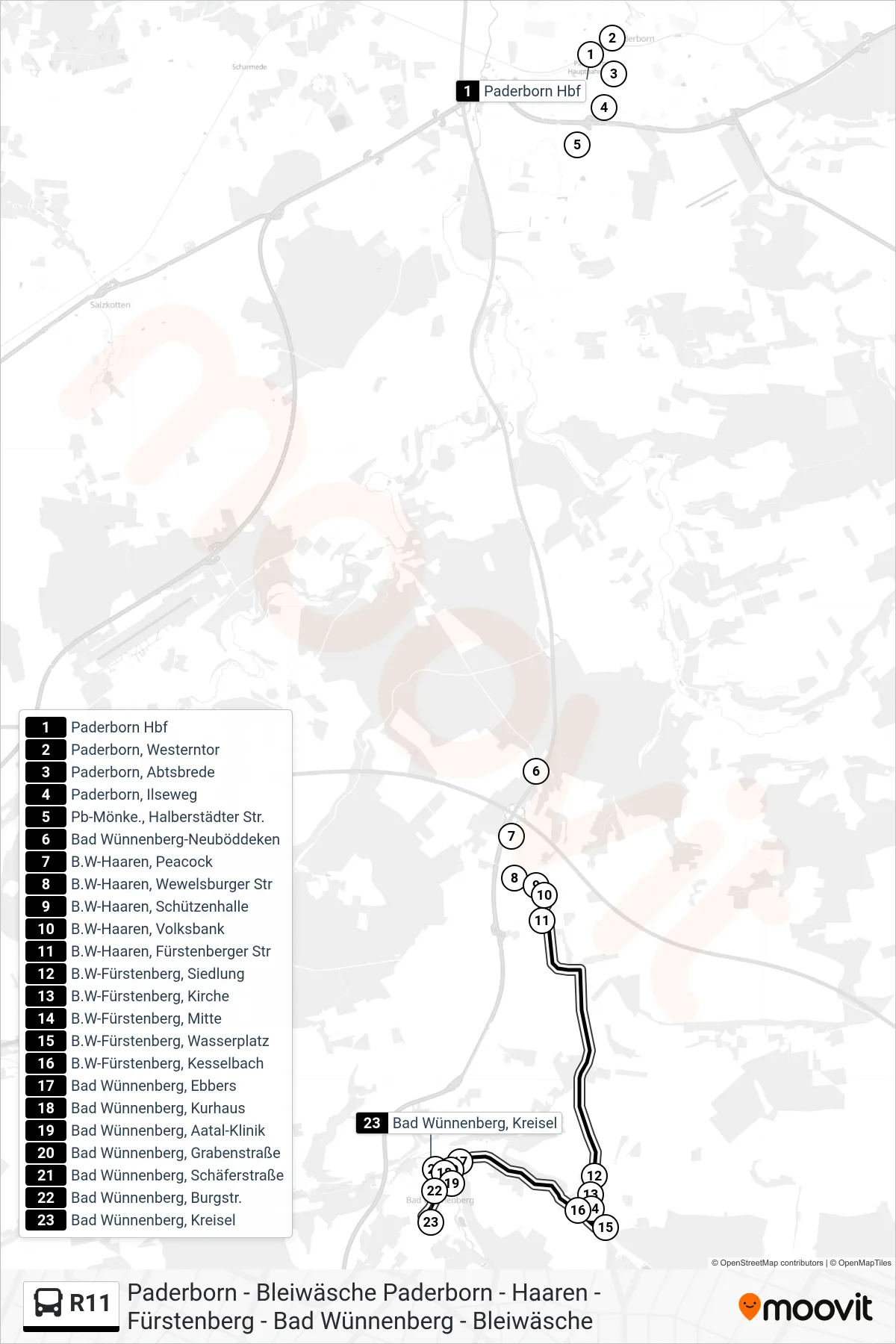 Linie R11 (Bus) Richtung Bad Wünnenberg, Kreisel: Route und Haltestellen auf der Karte