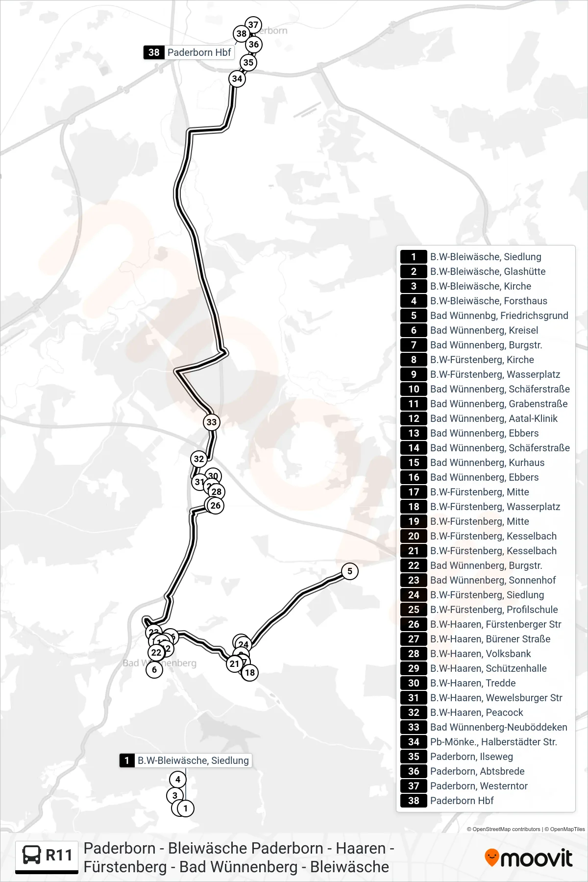 R11 bus Line (Paderborn Hbf Bstg B) route and stops on a map