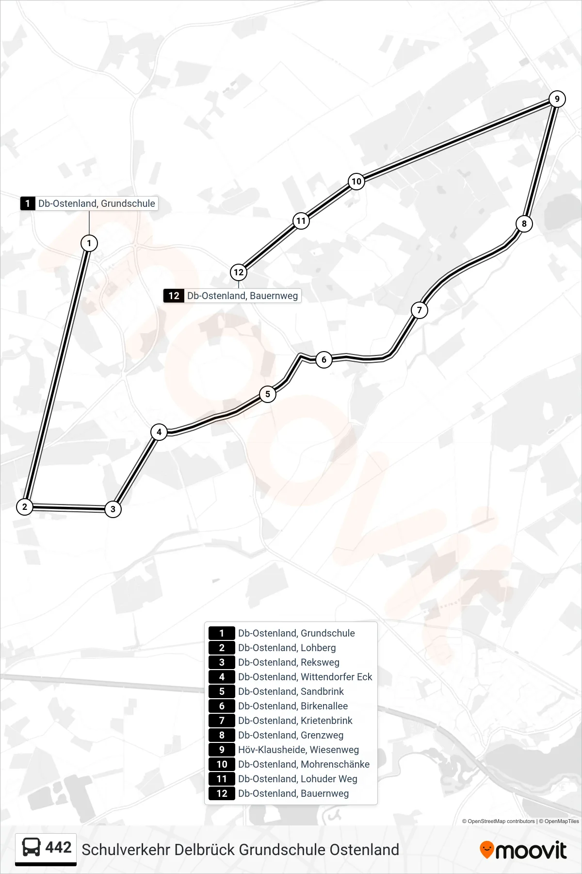 442 bus Line (Db-Ostenland, Bauernweg) route and stops on a map