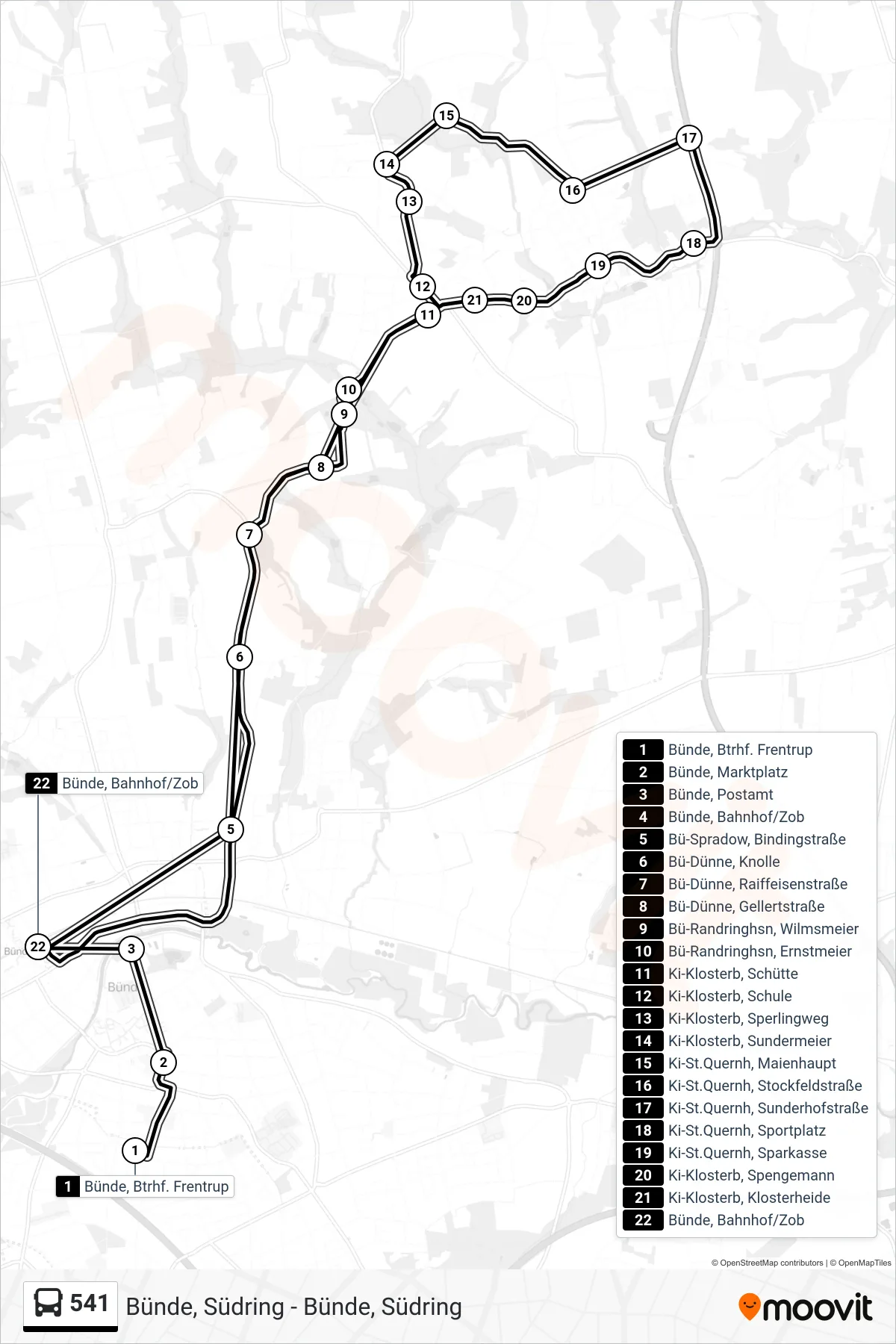 541 bus Line (Bünde, Bahnhof/Zob 3) route and stops on a map