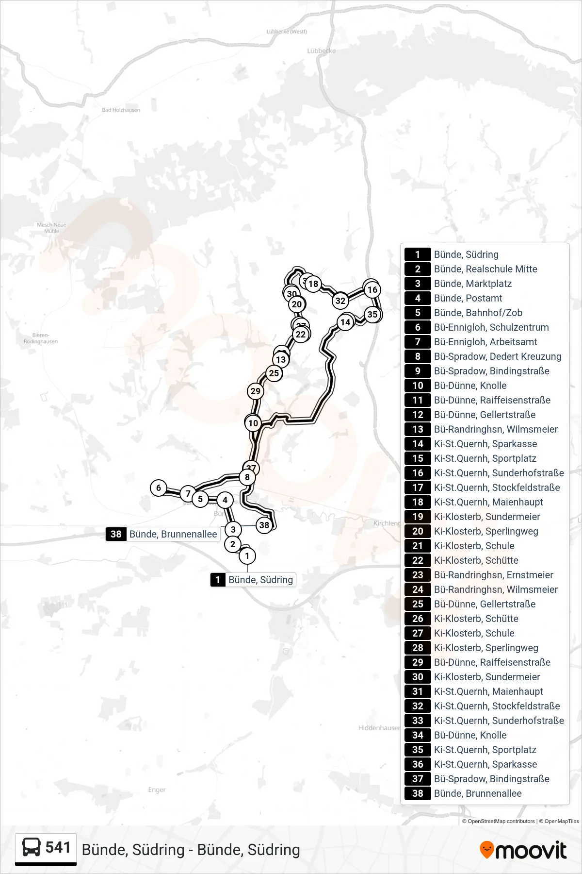 541 bus Line (Bünde, Brunnenallee) route and stops on a map