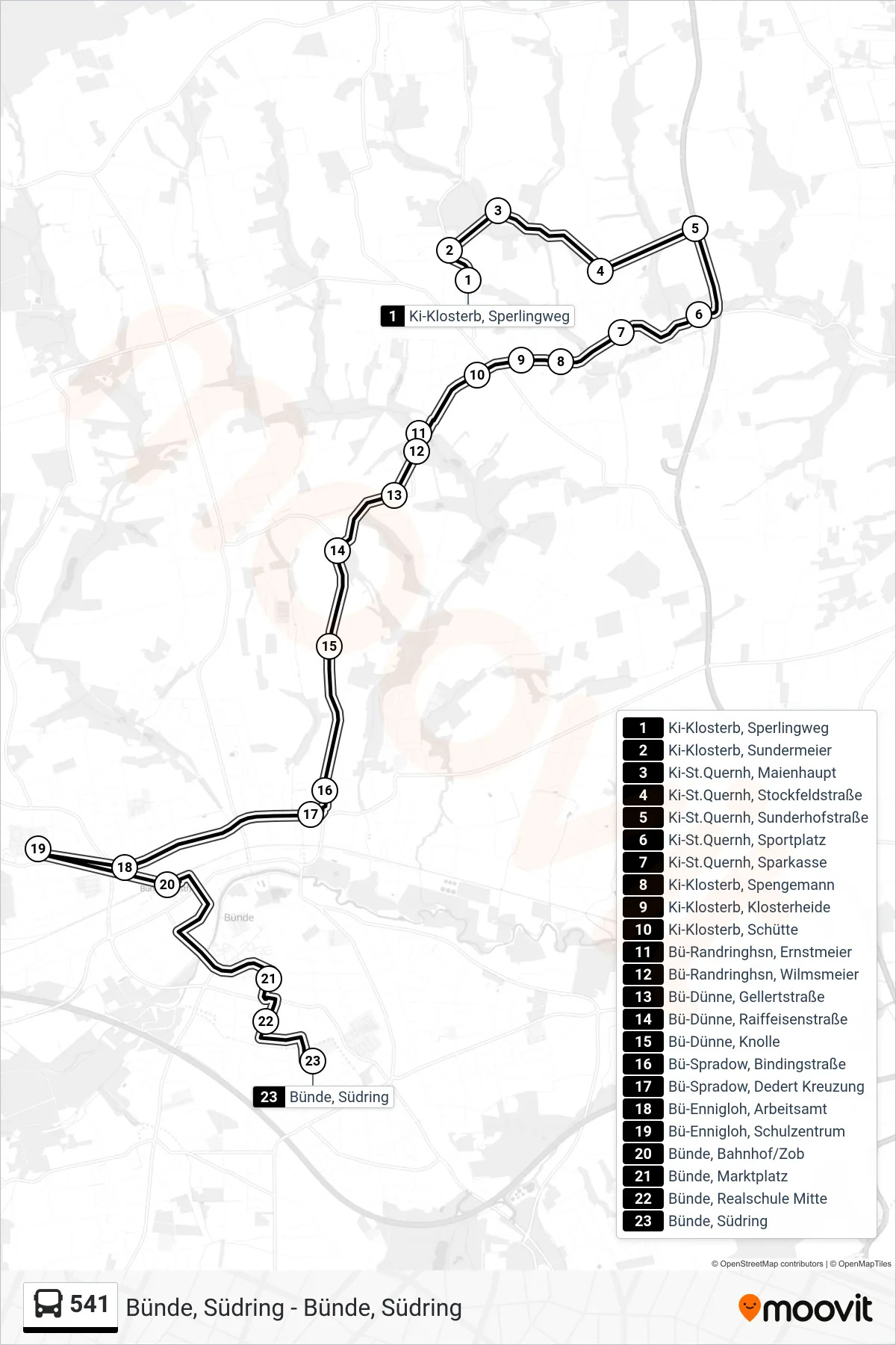 Linie 541 (Bus) Richtung Bünde Südring Üb. Sz Nord - Bahnhof: Route und Haltestellen auf der Karte