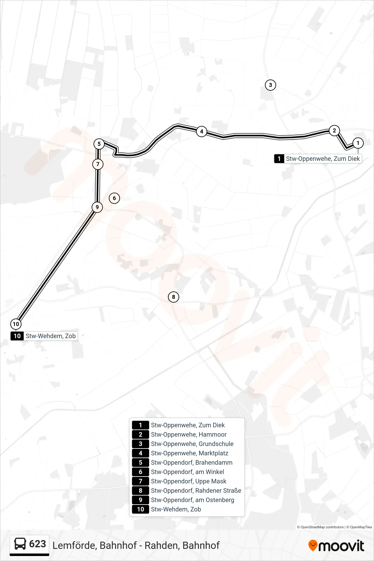 623 bus Line (Wehdem) route and stops on a map