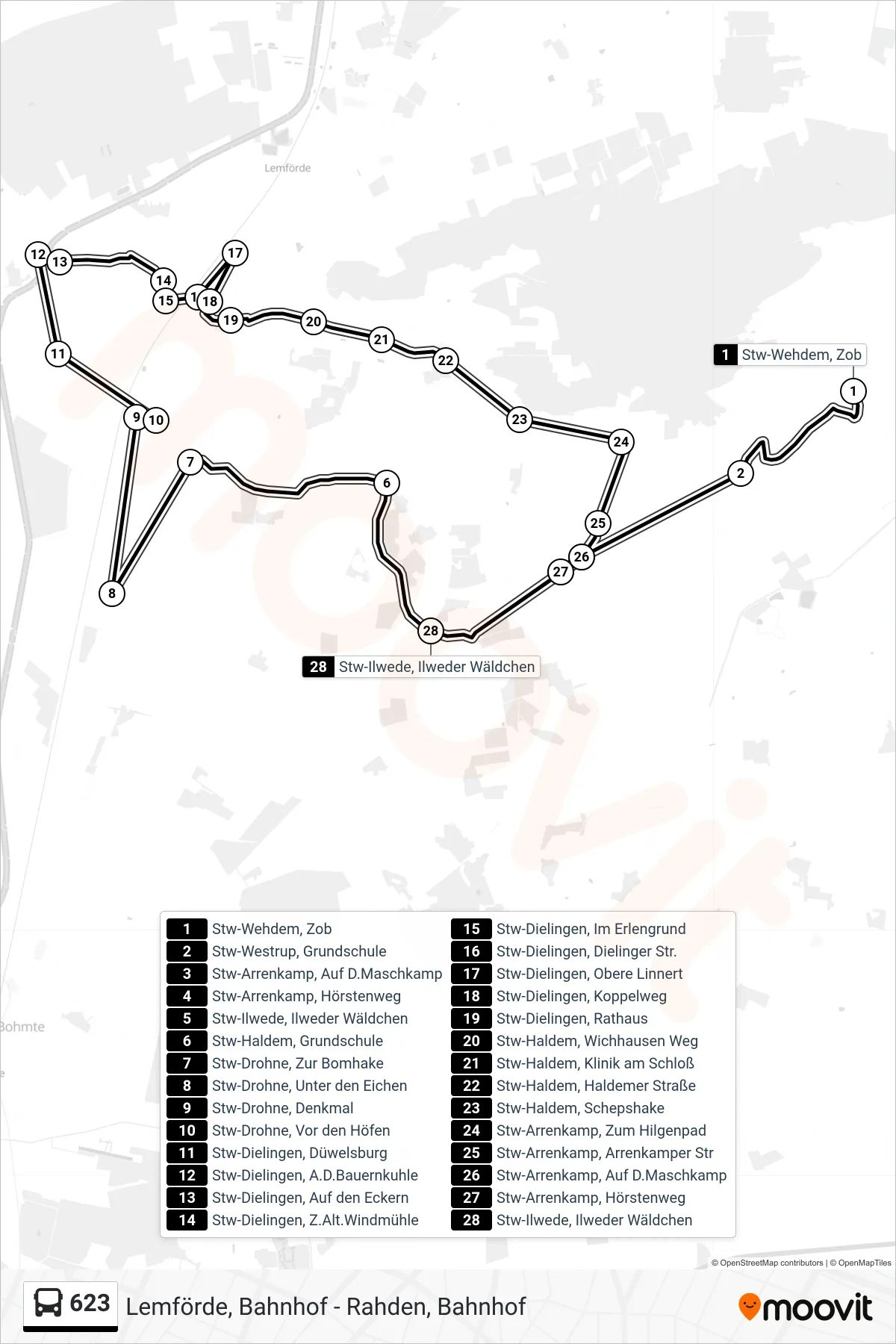 623 bus Line (Ilweder Wäldchen) route and stops on a map