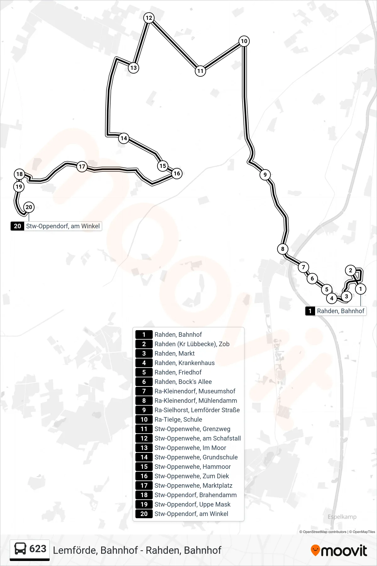 623 bus Line (Oppendorf Zum Diek) route and stops on a map