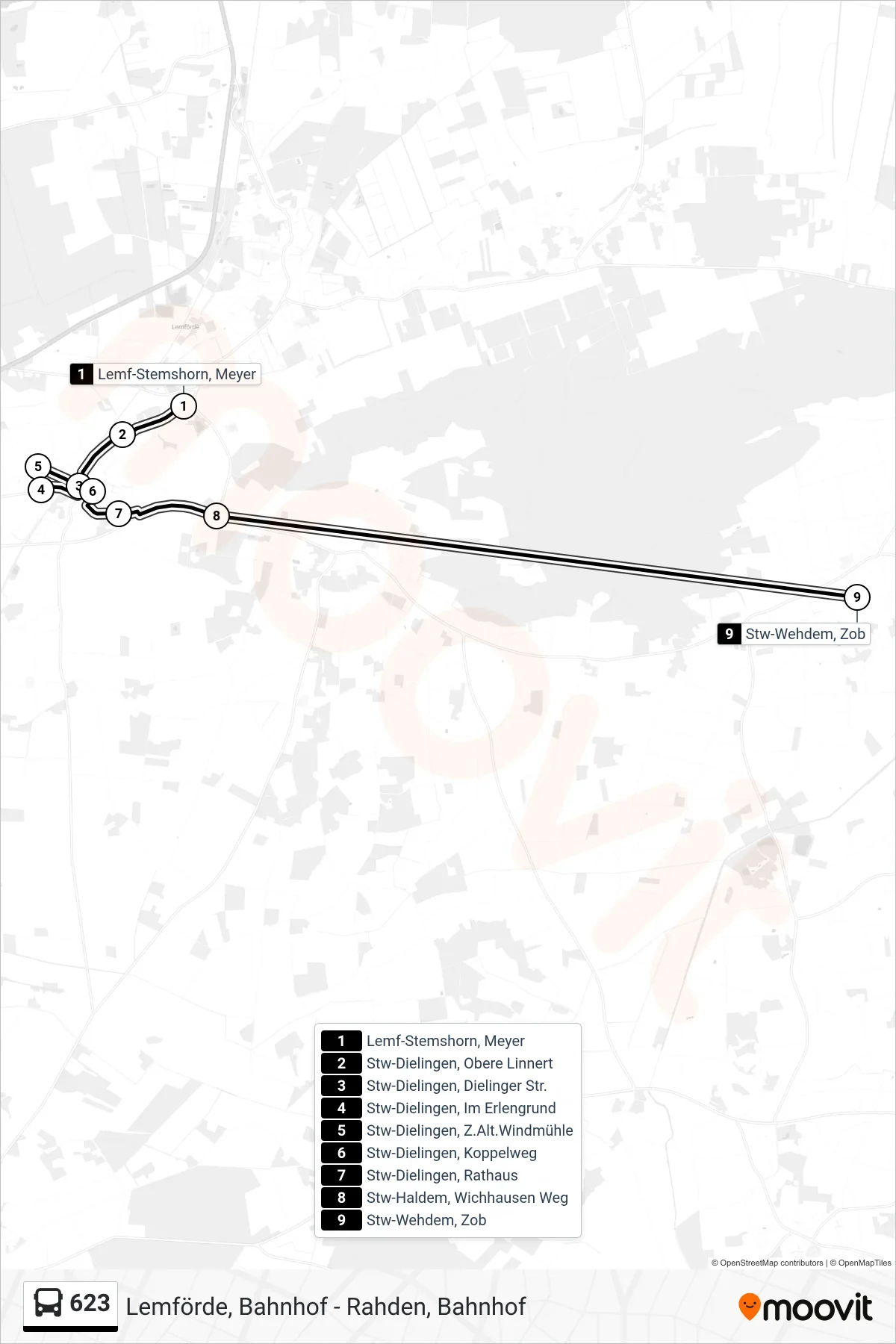 623 bus Line (Wehdem Z O B) route and stops on a map
