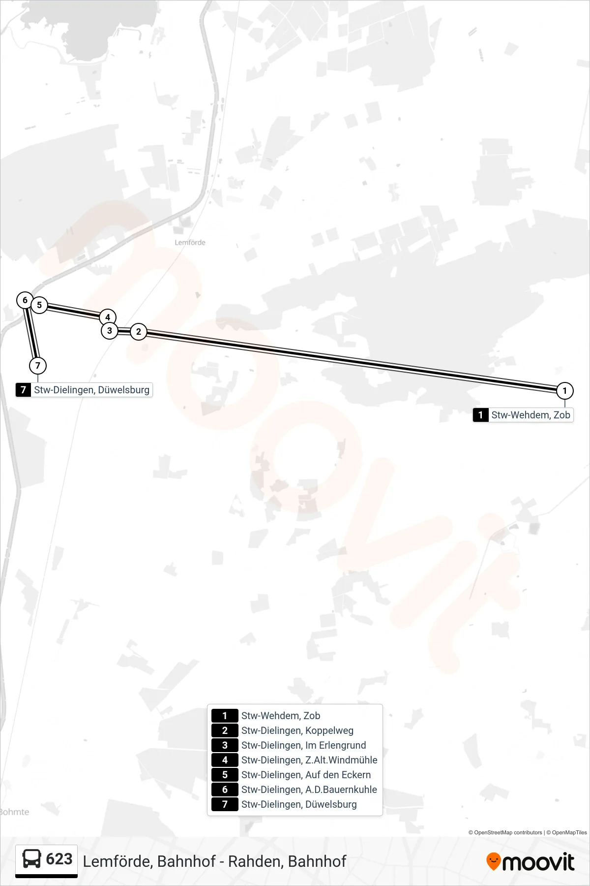 623 bus Line (Dielingen Düwelsburg) route and stops on a map
