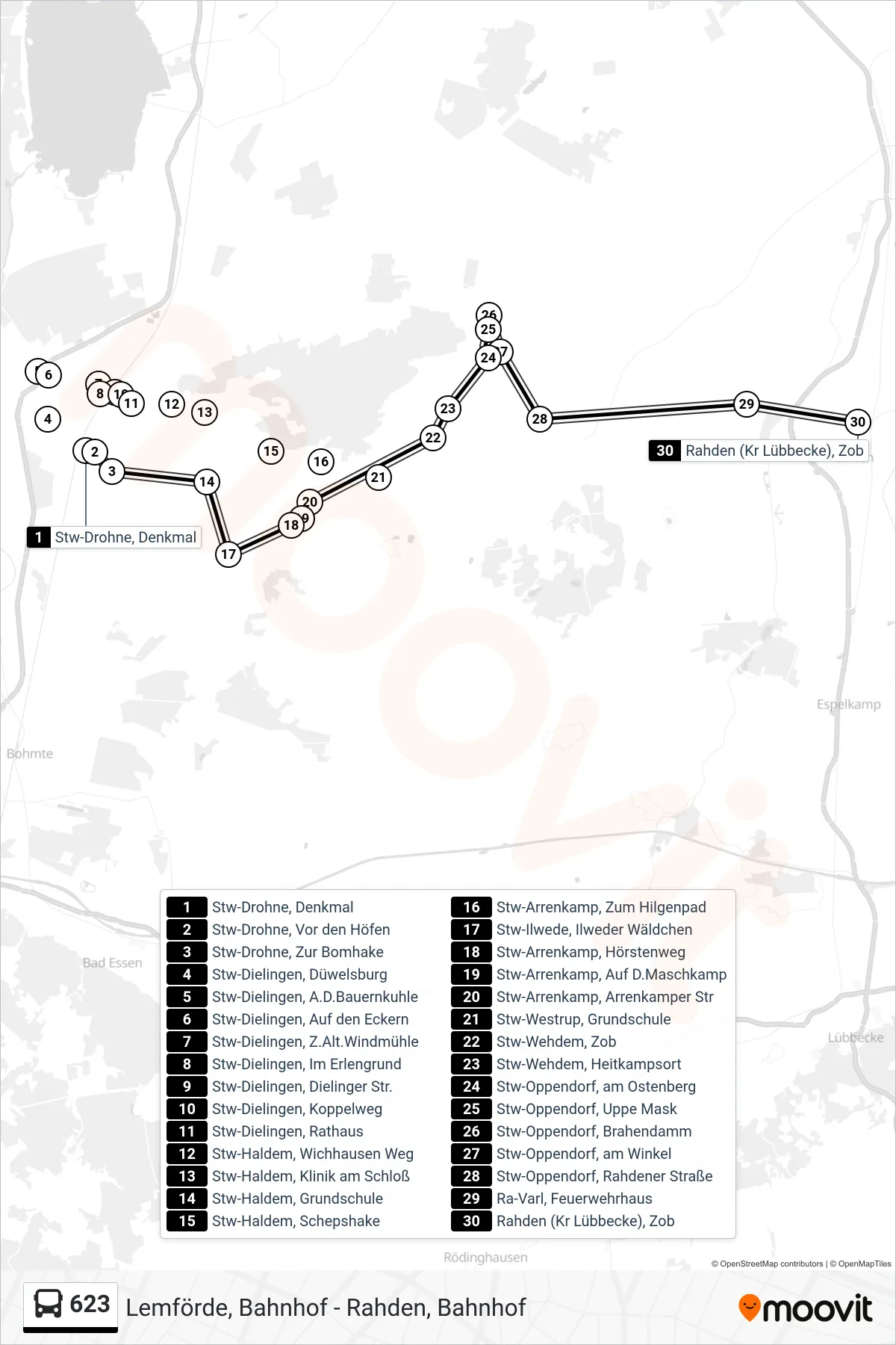 623 bus Line (Rahden Schulzentrum) route and stops on a map