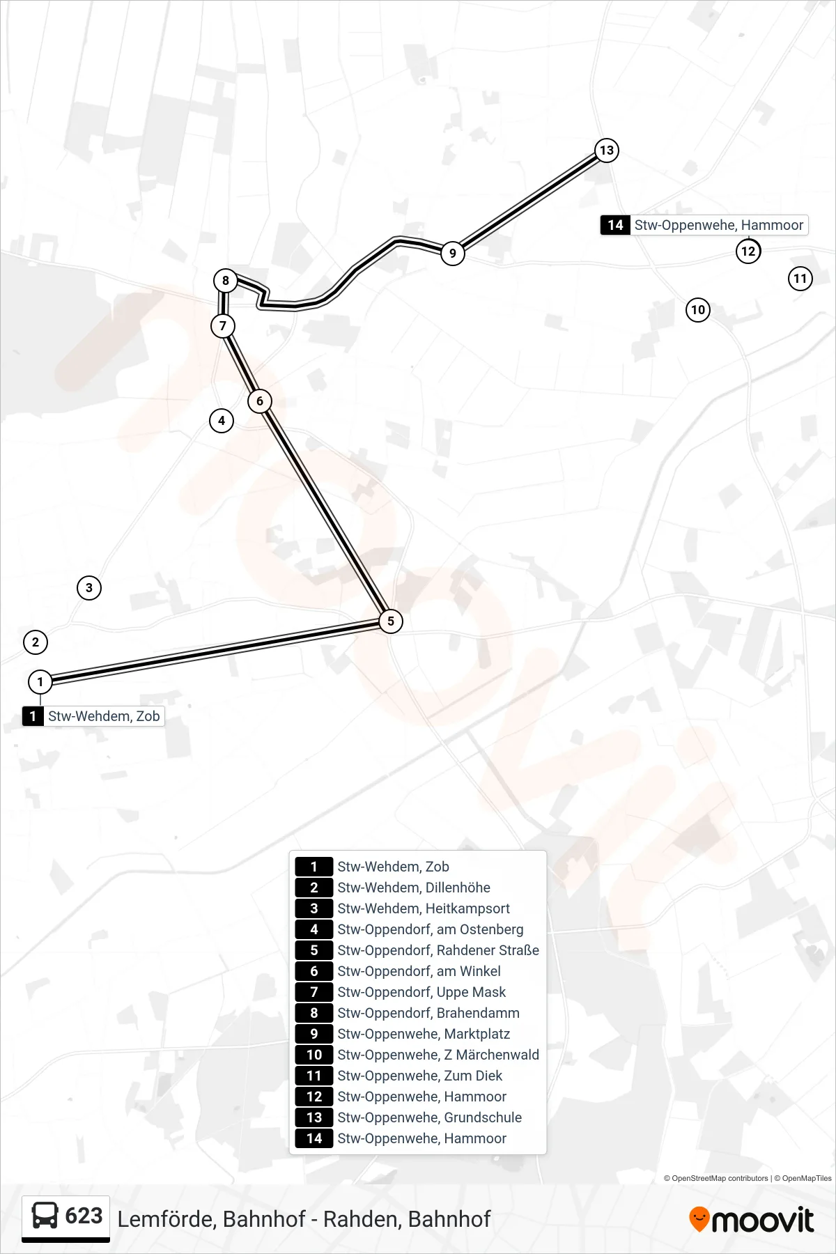 623 bus Line (Oppenwehe) route and stops on a map