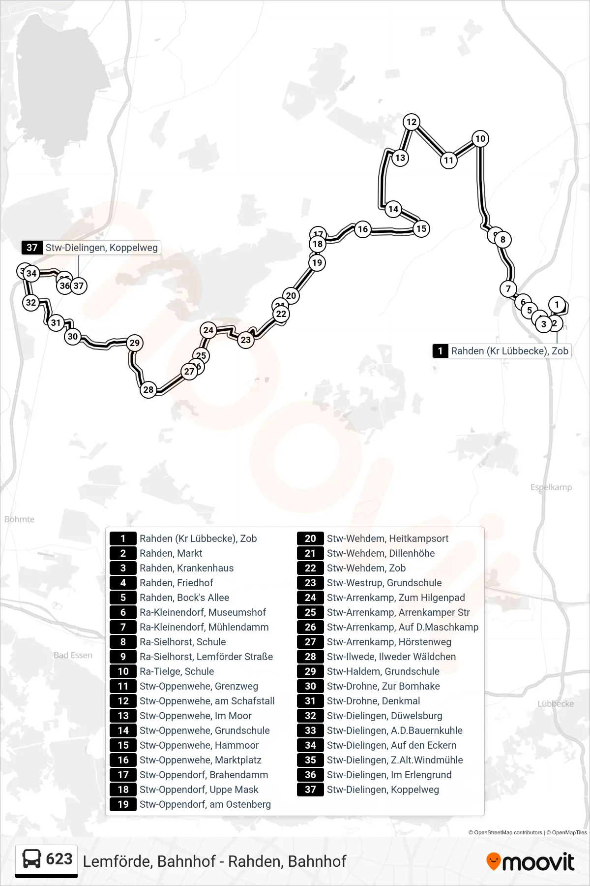 623 bus Line (Dielingen Koppelweg) route and stops on a map