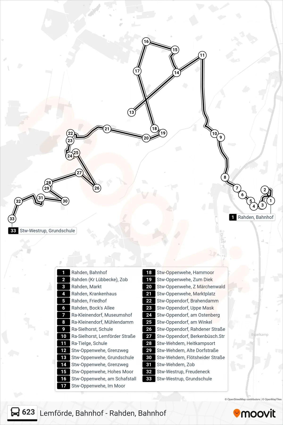 623 bus Line (Westrup Grundschule) route and stops on a map
