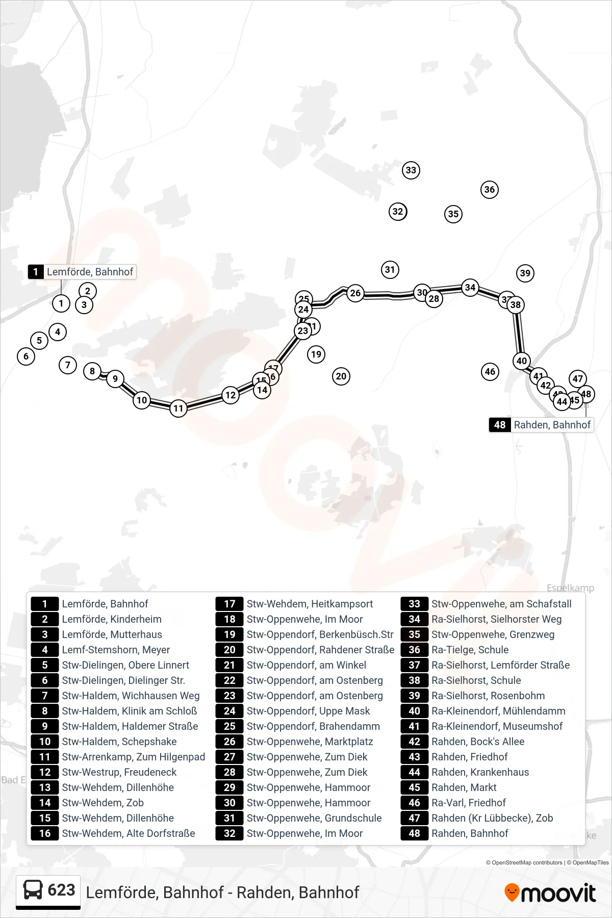 623 bus Line (Rahden Bahnhof) route and stops on a map