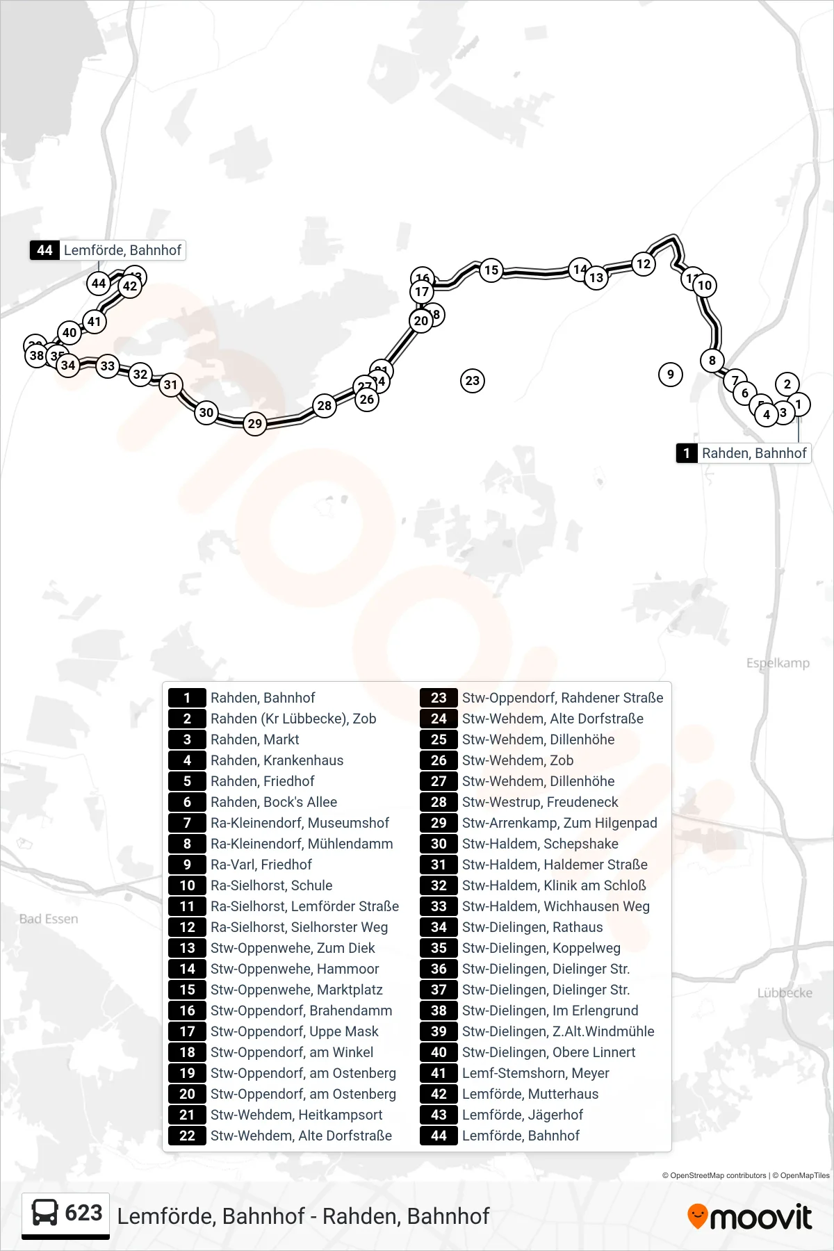 623 bus Line (Lemförde Bahnhof) route and stops on a map