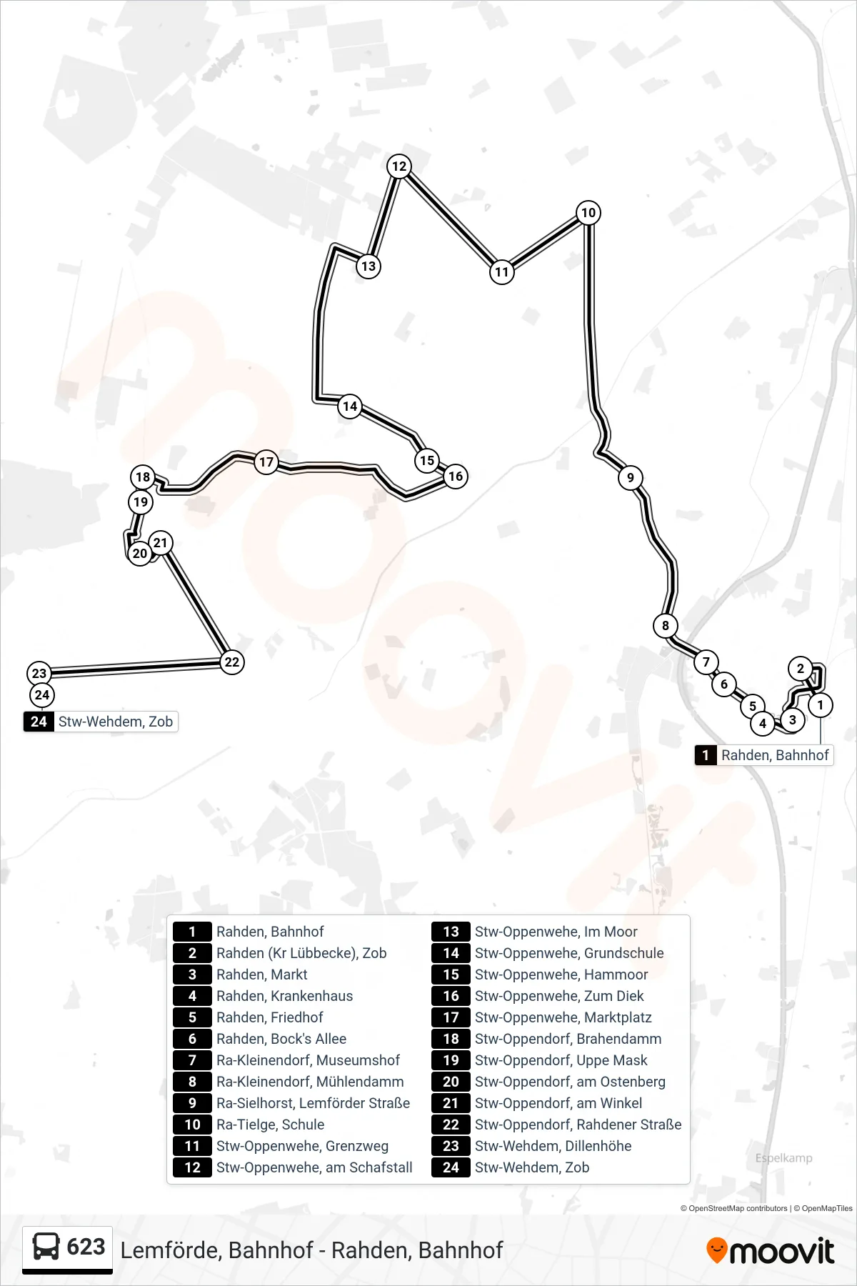623 bus Line (Wehdem Z O B) route and stops on a map